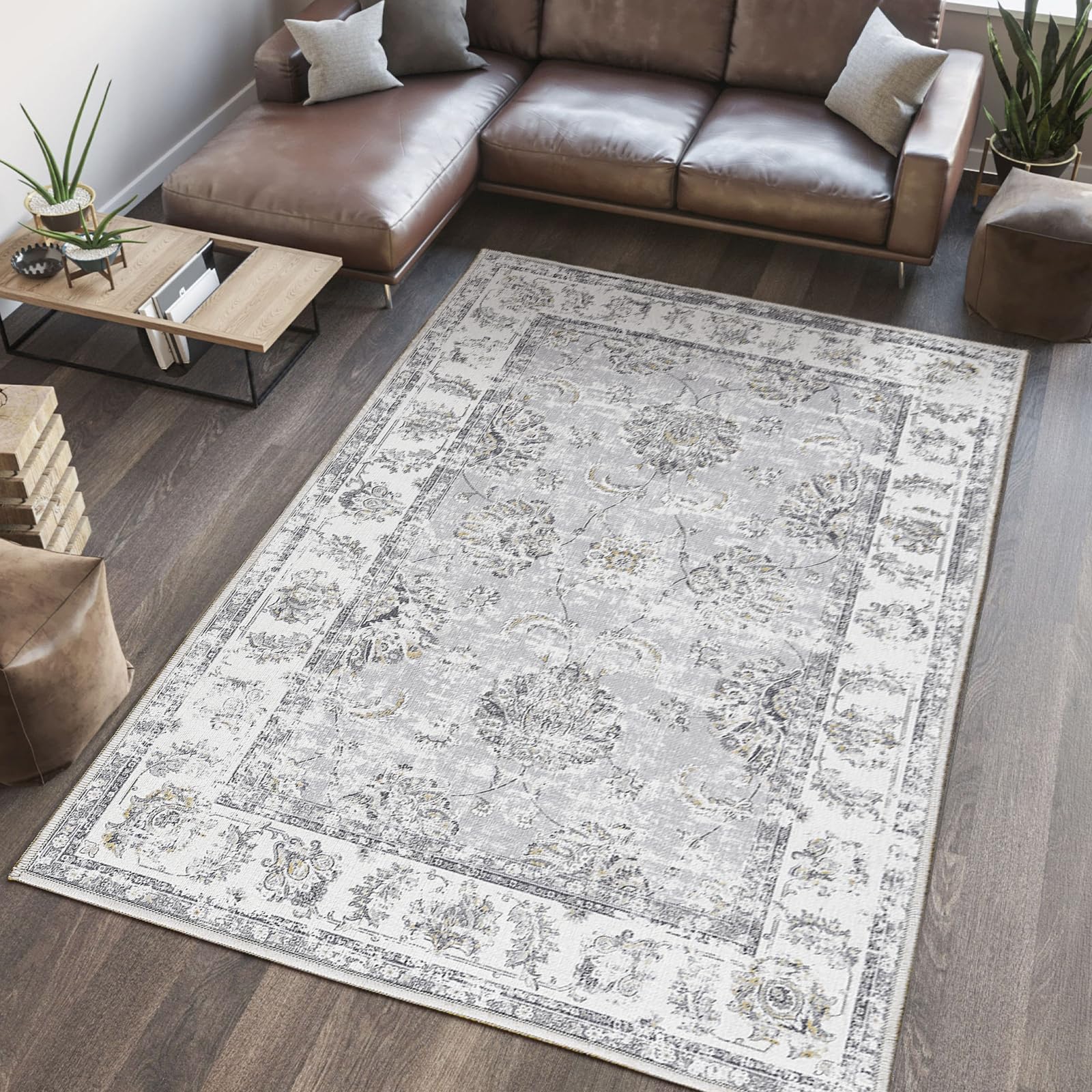 COLLACT 6x9 Vintage Floral Distressed Area Rug - Grey Washable Low Pile Non-Slip Farmhouse Rug for Living Room, Bedroom & Dining Room | Perfect for Boho Decor, Cozy Home & High Traffic Areas