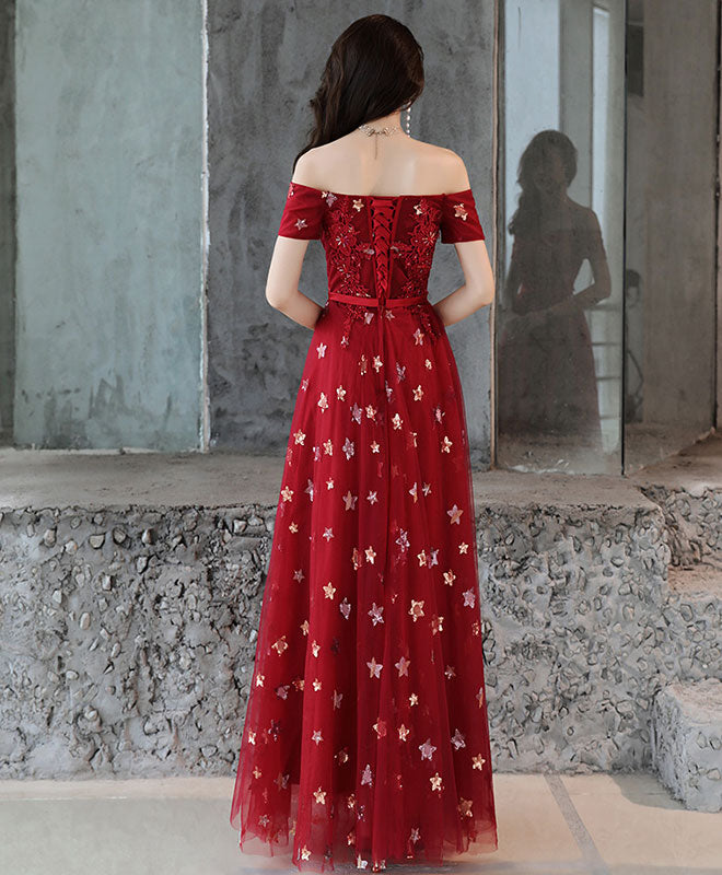 Elegant Burgundy Off Shoulder Tulle Long Prom Dress for Women - Formal Evening Gown for Homecoming, Wedding, Ball & Special Occasions