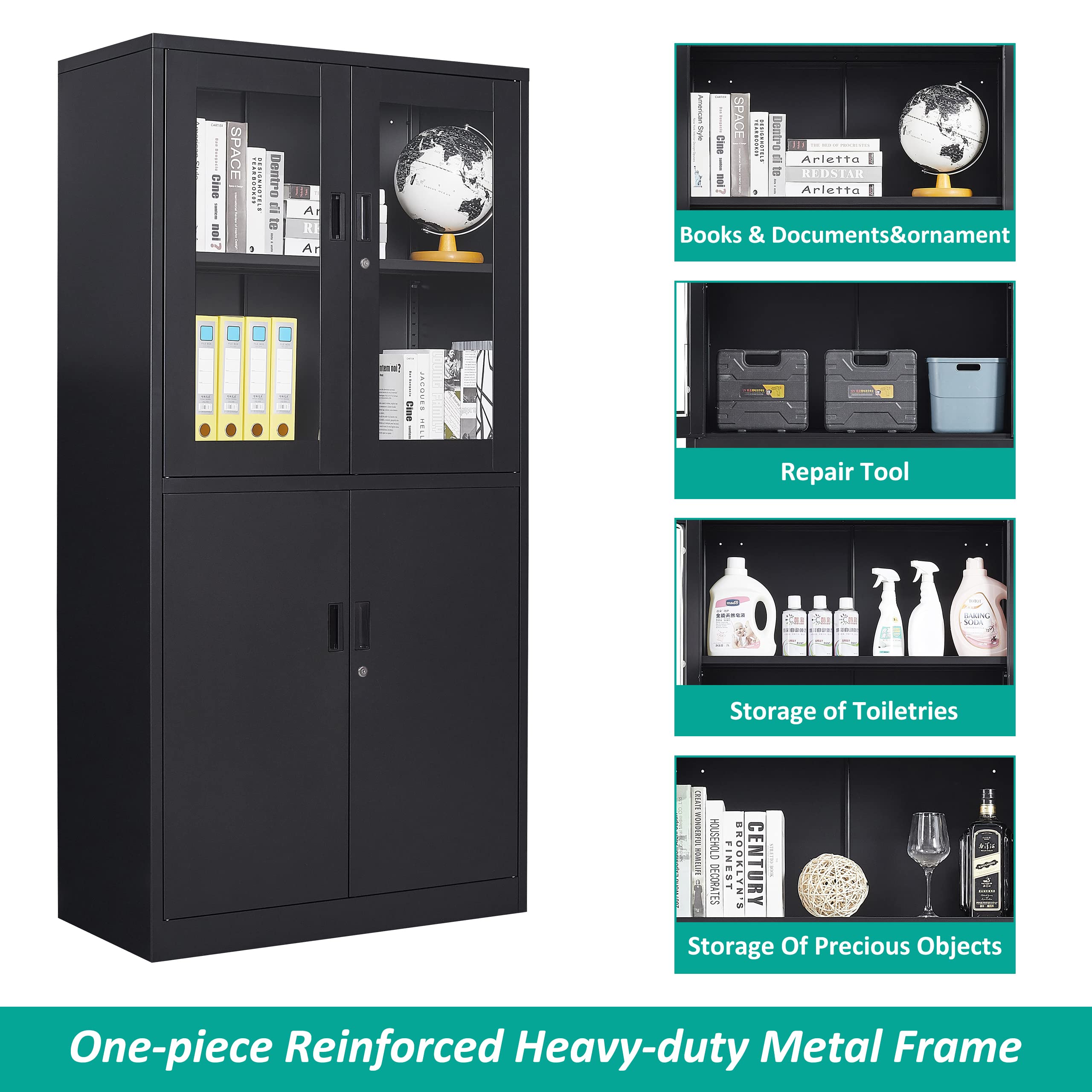 Black Metal Display Cabinet with Glass Doors & Lock - Freestanding Storage Cabinet for Kitchen, Pantry, Bathroom or Home Office - Perfect for Organizing Dishes, Food, Towels & Office Supplies
