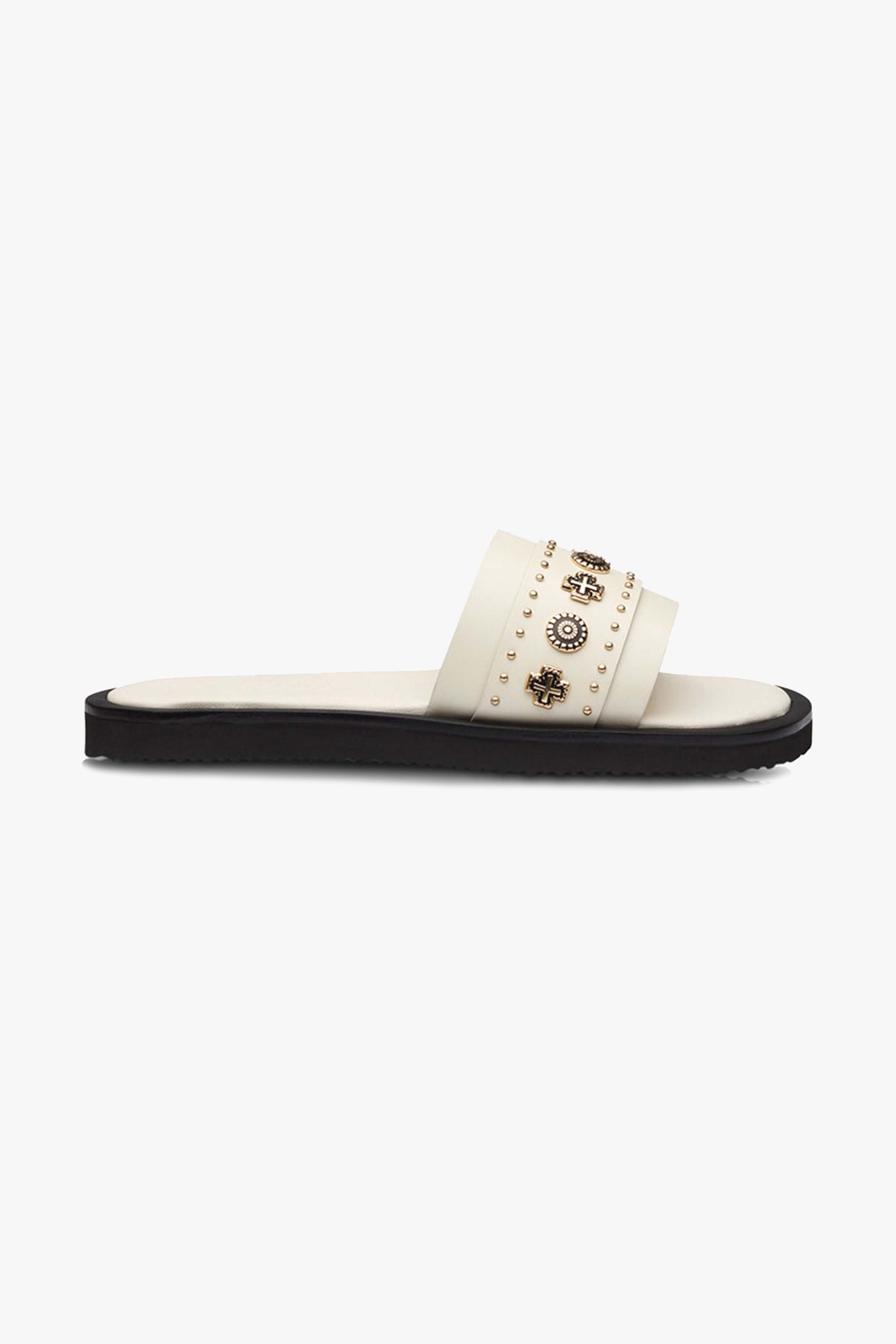 Cleo Off White Leather Slide Sandals with Gold Charms - Women's Fashion Slides for Summer, Beach & Casual Wear