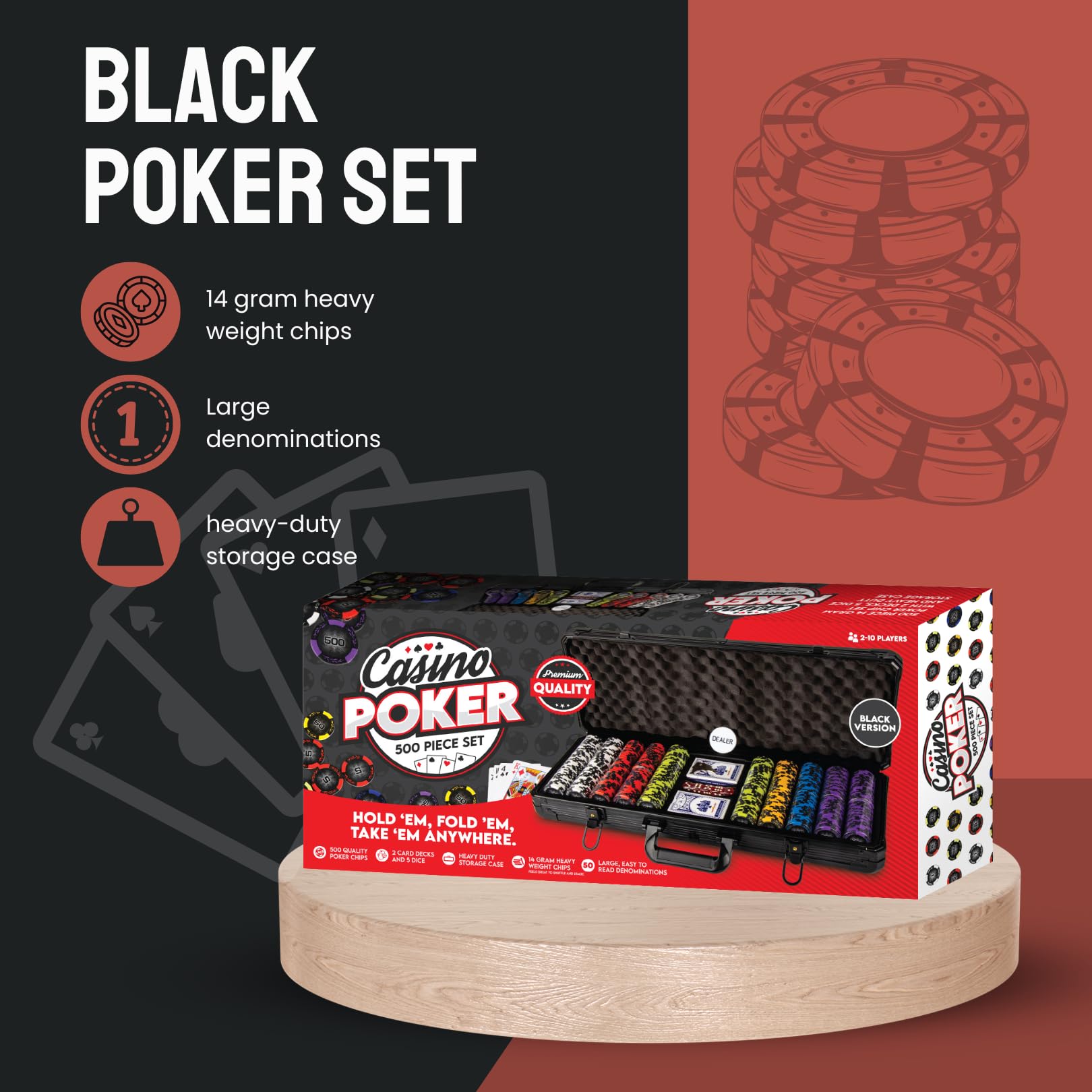Premium Casino Style Poker Chips Set with Aluminum Case - 500 Numbered Black Chips, 1 Dealer Chip, 2 Playing Card Decks & 5 Red Dice - Perfect for Texas Hold'em, Blackjack & Home Poker Nights - Great Gift for Poker Players & Casino Enthusiasts