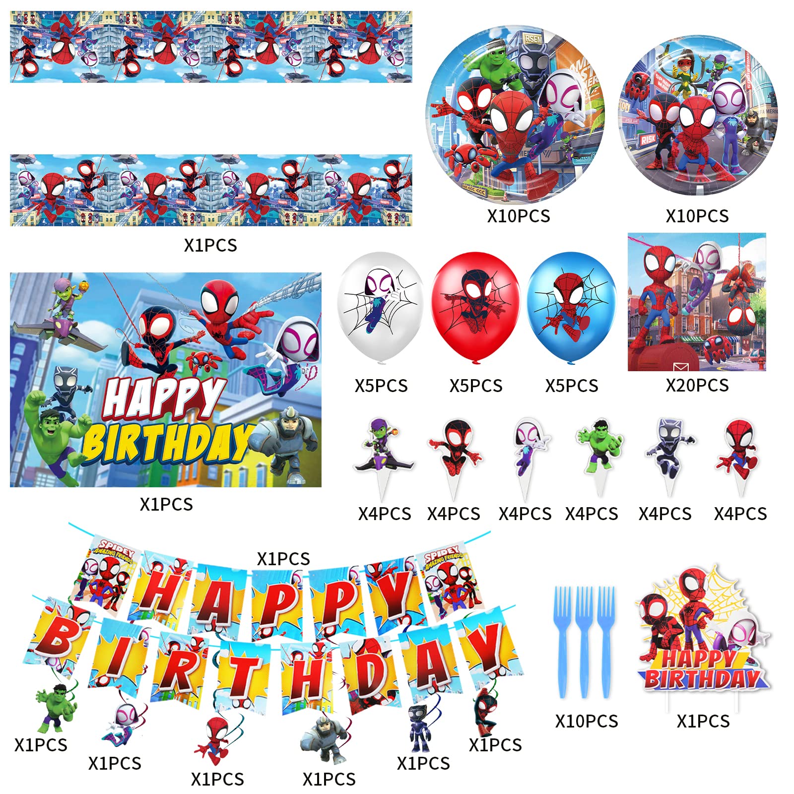 Spidey and His Amazing Friends Superhero Birthday Party Decorations Set - Includes Happy Birthday Banner, Hanging Swirls, Backdrop & Tablecloth - Perfect for Kids Superhero Themed Birthday Parties & Celebrations