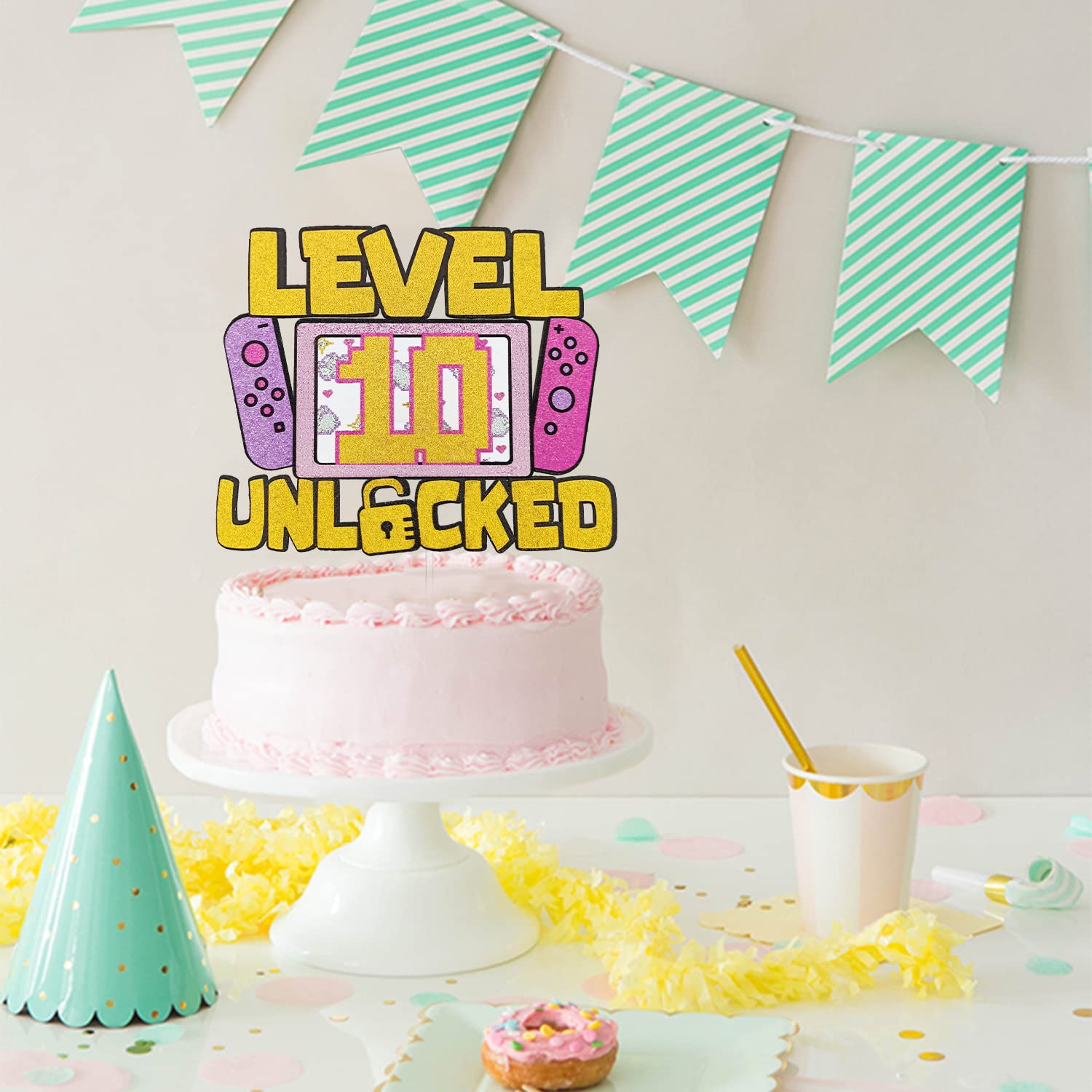 Level 10 Unlocked Glitter Cake Topper for Girls - Video Game Themed 10th Birthday Party Decoration - Perfect for Girl Gamer Celebrations, Gaming Parties & Cake Decorations