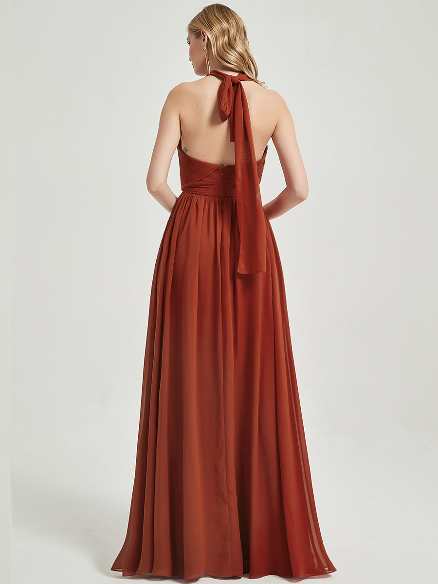 Elegant Blush Convertible Halter Off-Shoulder Chiffon Bridesmaid Maxi Dress for Weddings, Parties & Special Occasions