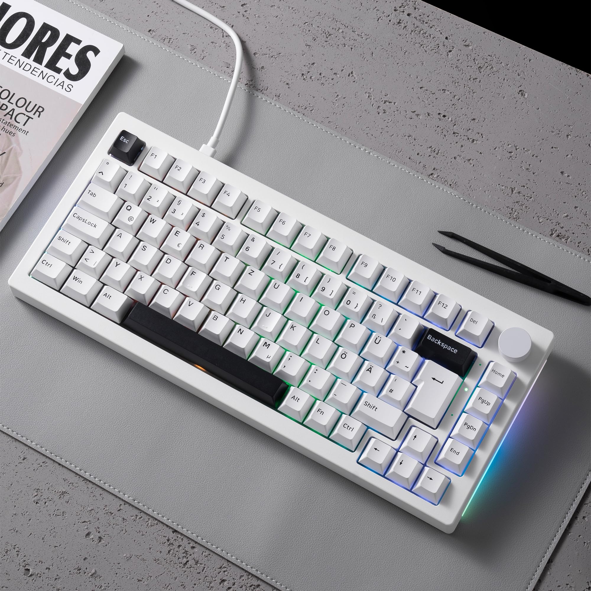 Akko 5075B Plus Mechanical Gaming Keyboard - 84 Key Gasket Mount, Multilingual ISO Layout, Programmable Rotary Knob, Hot-Swappable Tactile Switches, Cherry PBT Keycaps (Black & White) - Perfect for PC Gaming, Office Work & Typing Enthusiasts