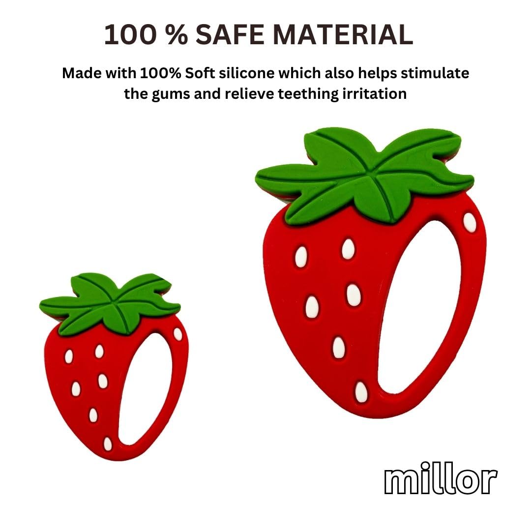 MILLOR Soft Silicone Baby Teether Toy - Safe Chewable Teething Relief for Sore Gums, BPA-Free Infant Teether for Newborns & Toddlers (Strawberry) - Perfect for Home, Travel & Daycare Use