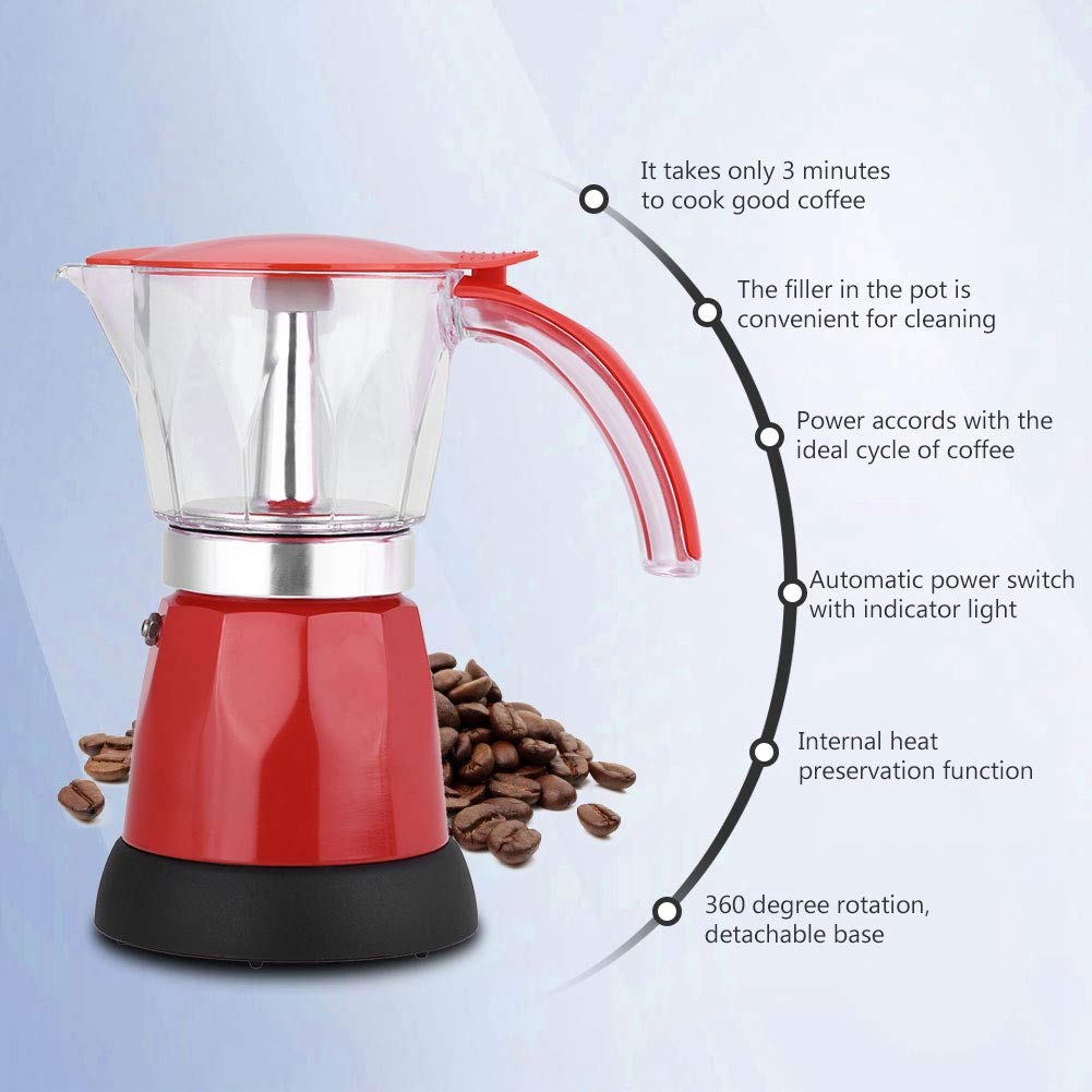 Premium Aluminum Alloy Electric Coffee Maker - 3-Cup Moka Pot for Espresso & Cappuccino | Fast Brewing for Home, Office & Camping Use (Red)