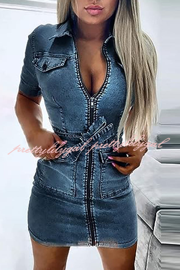Stylish Tie Waist Zipped Pocket Denim Mini Dress for Women - Casual Outfit for Dating, Parties & Summer Fashion