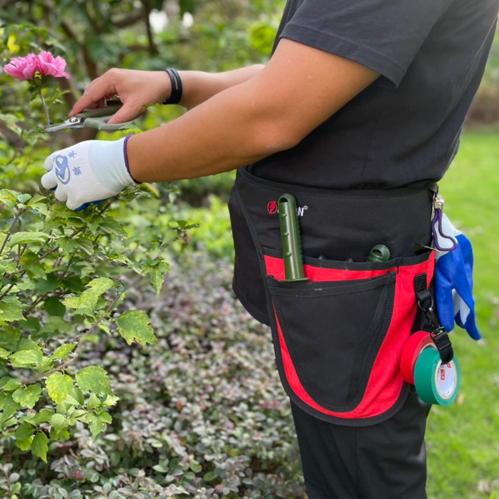 Durable Adjustable Garden Tool Belt with 4 Pockets for Men & Women - Perfect for Gardening, Landscaping & Florist Work (Red)