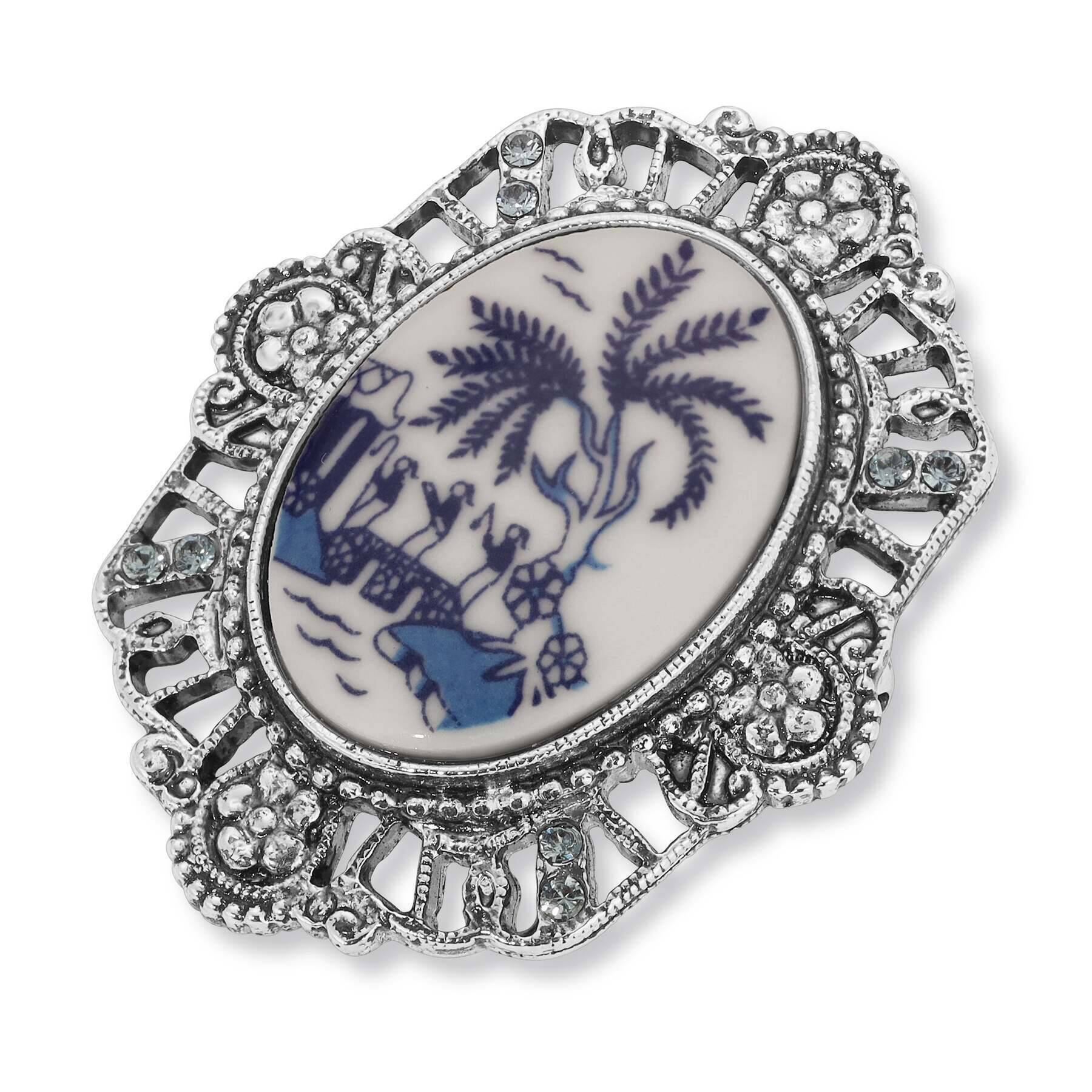 1928 Vintage Blue Willow Light Sapphire Crystal Oval Flower Brooch Pin - Elegant Antique Jewelry for Women, Perfect for Weddings, Parties & Special Occasions