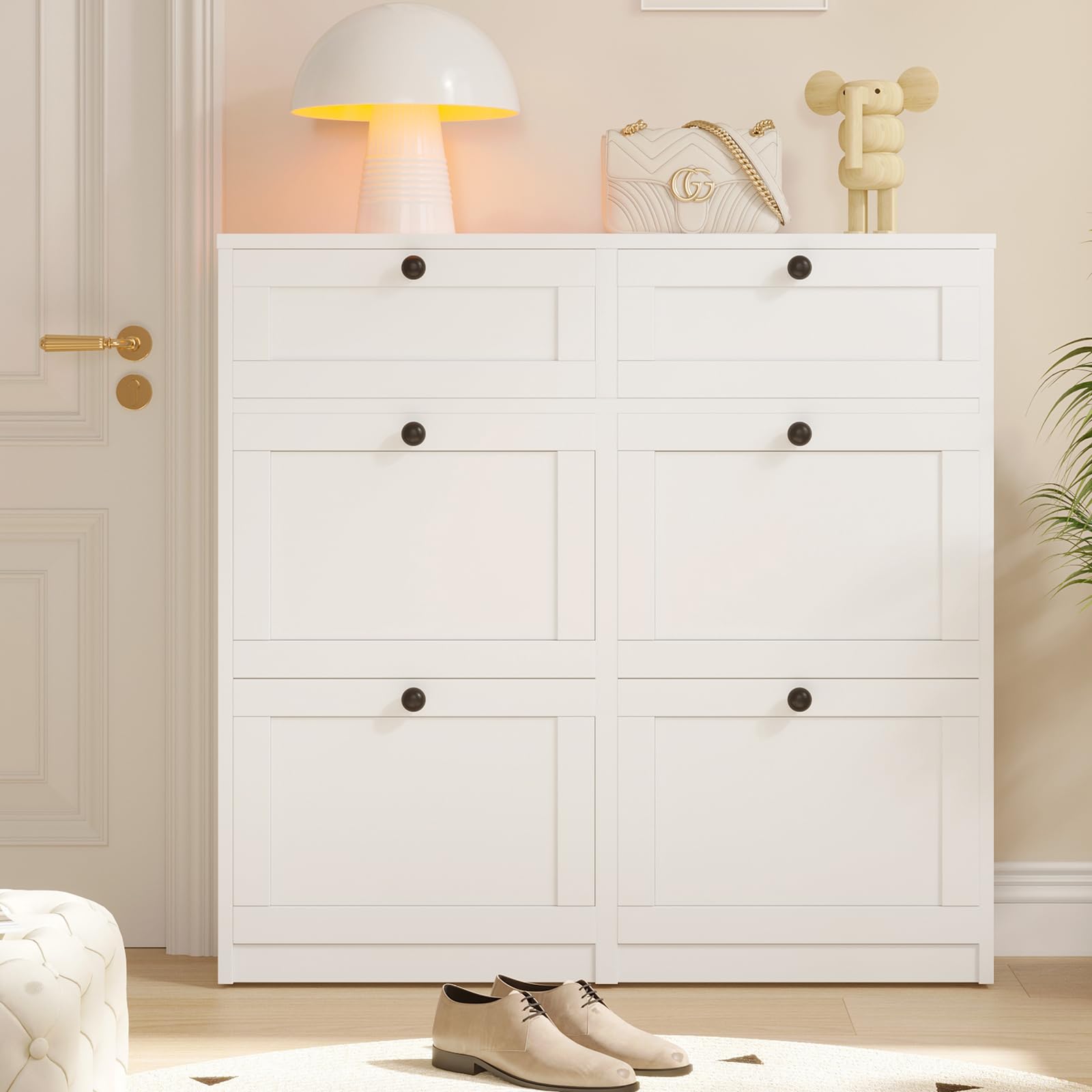 VOWNER 4 Flip Drawers & 2 Drawers Shoe Storage Cabinet - Adjustable Shelves Freestanding Shoe Organizer for Entryway, Hallway, Living Room - Perfect for Small Spaces & Apartment Organization (White)