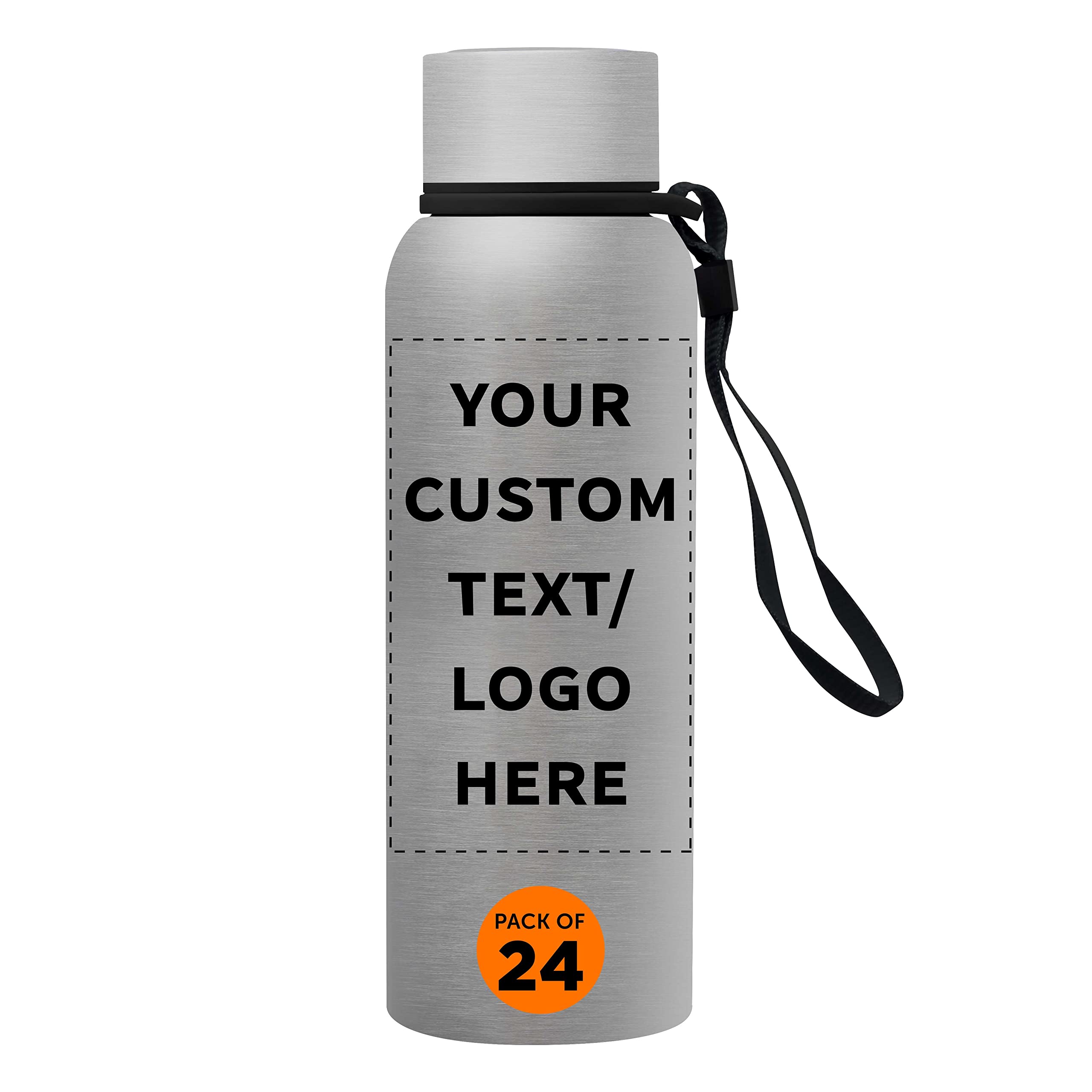 Custom Personalized 17 oz Ransom Water Bottles with Strap - Bulk Pack of 24 - Ideal for Corporate Events, Team Giveaways & Business Promotions - Silver Stainless Steel Bottles for Gym, Office & Outdoor Activities