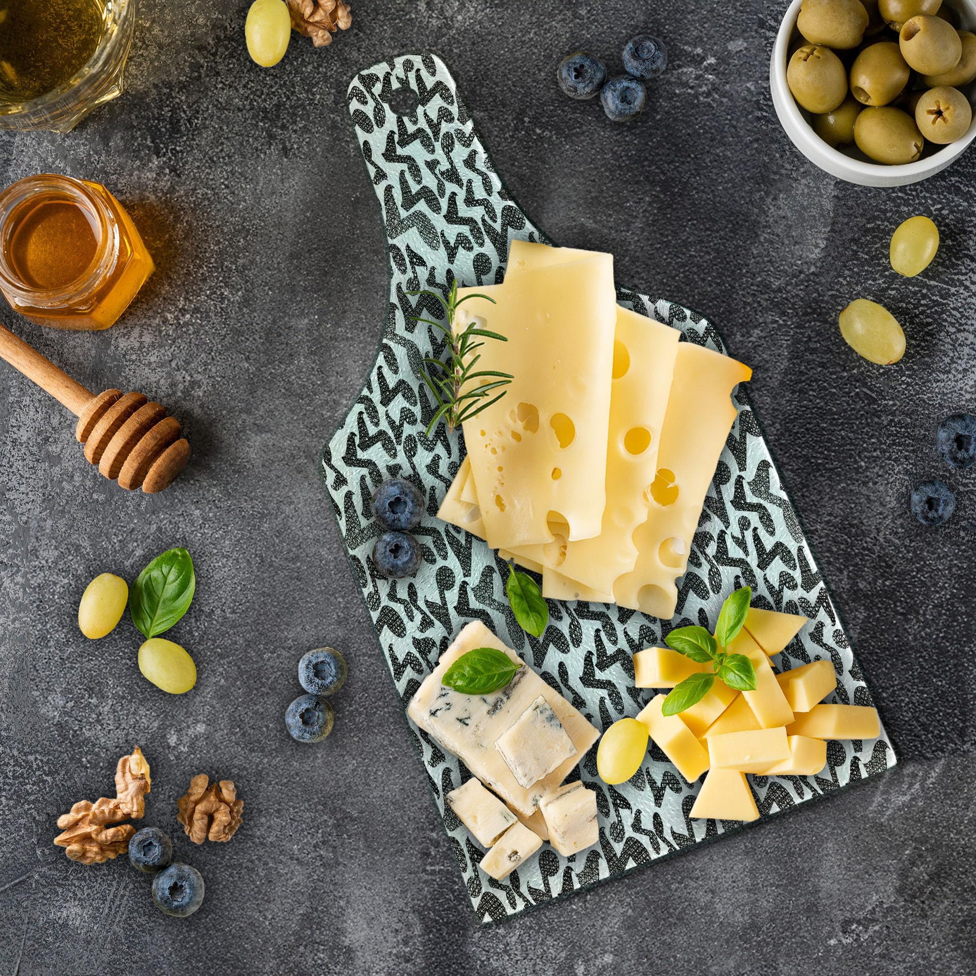 Ambesonne Modern Music Notes Sketch Style Glass Cutting Board - Hand Drawn Doodle Art Design - Tempered Glass Serving Board for Kitchen & Entertaining - Wine Bottle Shape Black & White Decorative Board - Perfect for Cheese Platters, Charcuterie & Wine Pairings