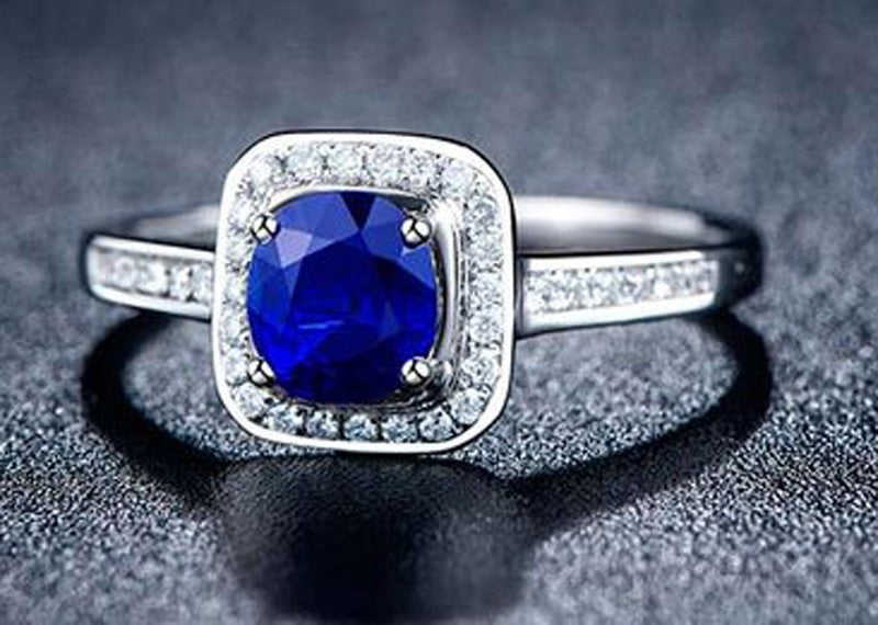 1.50 Carat Blue Sapphire & Moissanite Diamond Halo Engagement Ring for Women - 14K White Gold Wedding Band, Anniversary Gift, Proposal Jewelry for Her