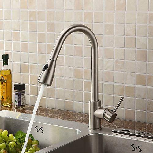 Wovier Brushed Nickel Pull Out Kitchen Sink Faucet - Single Handle Single Hole Vessel Lavatory Faucet with Sprayer, Basin Mixer Tap for Modern Bathroom & Kitchen Sink | Perfect for Washing Dishes, Filling Pots & Daily Hygiene