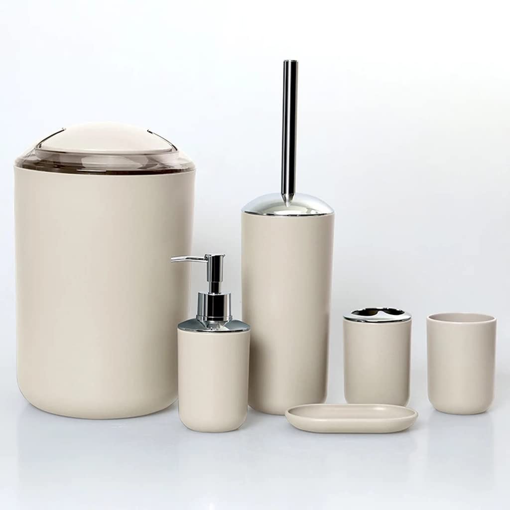 6-Piece Bathroom Accessories Set - Toothbrush Holder, Soap Dispenser, Tumbler Cup, Toilet Brush & Trash Can - Modern Beige Plastic Bathroom Organizer for Home, Apartment & Dorm Use