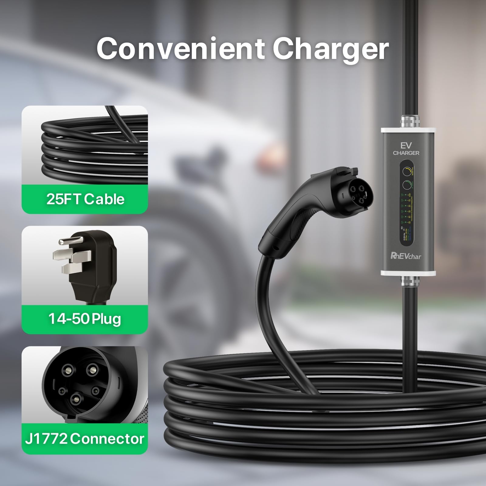 40A 9.6KW Level 2 EV Charger with 25Ft Cable & J1772 Connector - 14-50 Plug, Smart Charging Timer for All Electric Vehicles - Perfect for Home, Garage and Workplace Charging Stations