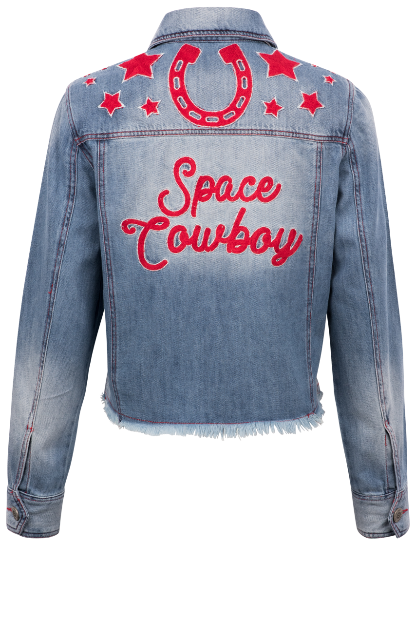 Double D Ranch Space Cowboy Trucker Jacket for Men - Vintage Western Denim Jacket with Fringe - Perfect for Rodeo, Country Music Festivals & Casual Wear