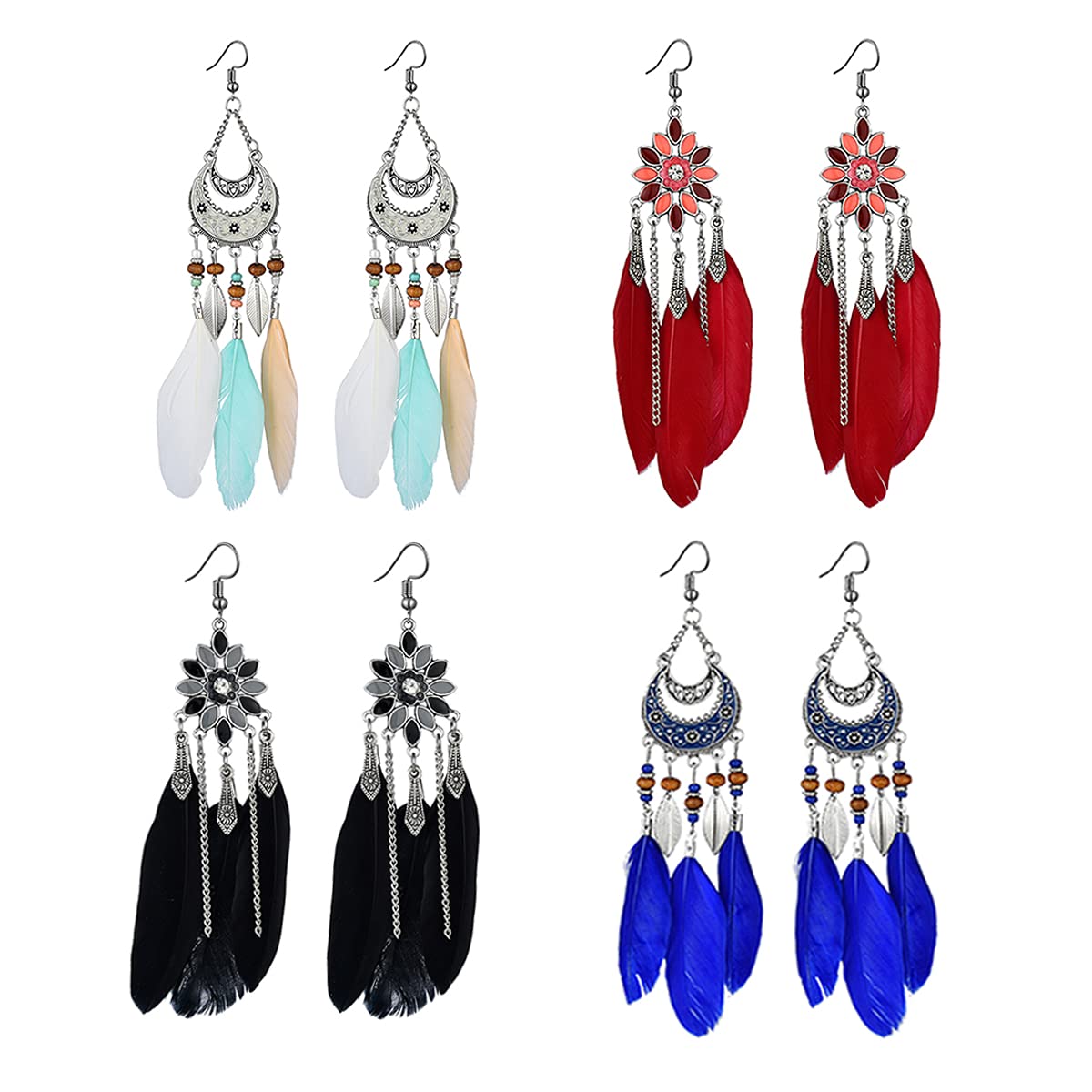 Bohemian Style Long Feather Dangle Earrings for Women - Silver Flower Shape Drop Hook Earrings with Tassels | Perfect for Festivals, Parties, and Boho Fashion Accessories