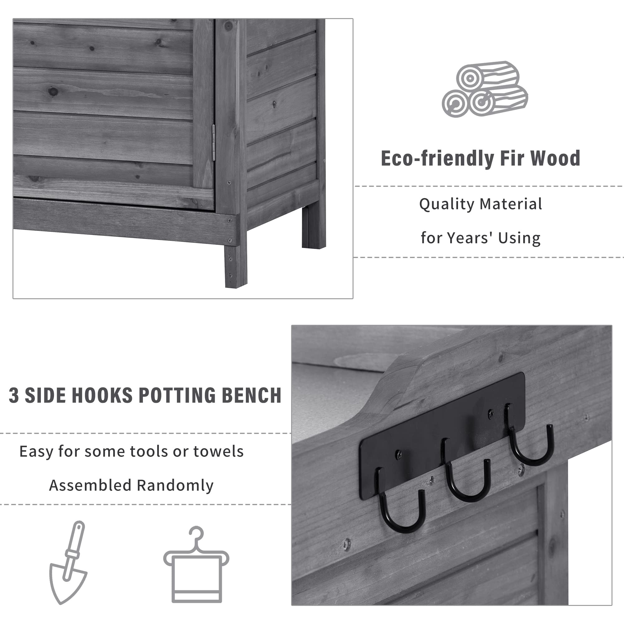 Outdoor Potting Bench with Storage - Weatherproof Garden Work Table with Double Doors, 2-Tier Shelves & Side Hooks - Perfect for Patio, Backyard, Porch Gardening & DIY Projects (Grey)