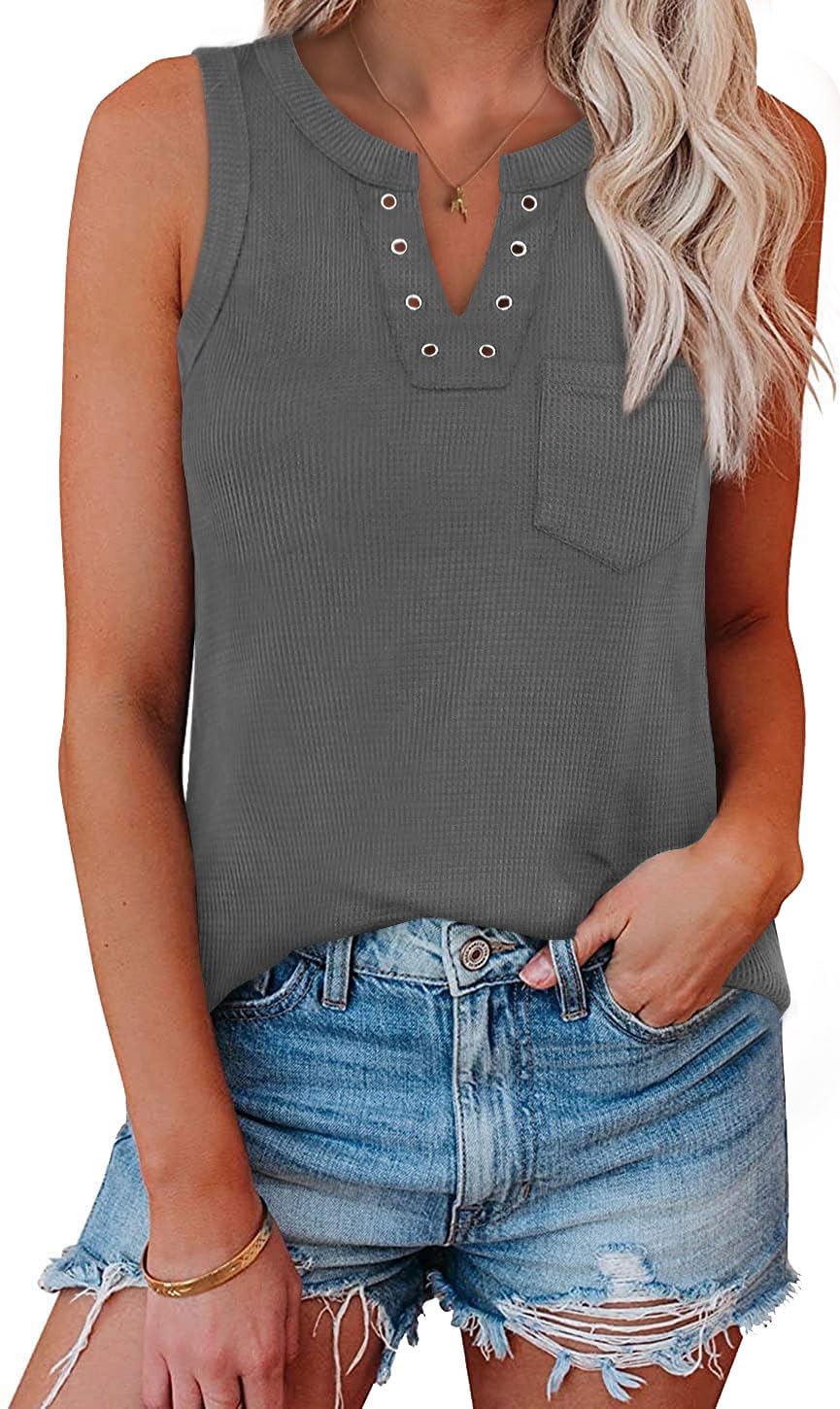 Women's V-Neck Tank Tops - Summer Casual Sleeveless Shirts with Pocket, Soft Waffle Knit Fabric for Workout, Beach & Everyday Wear