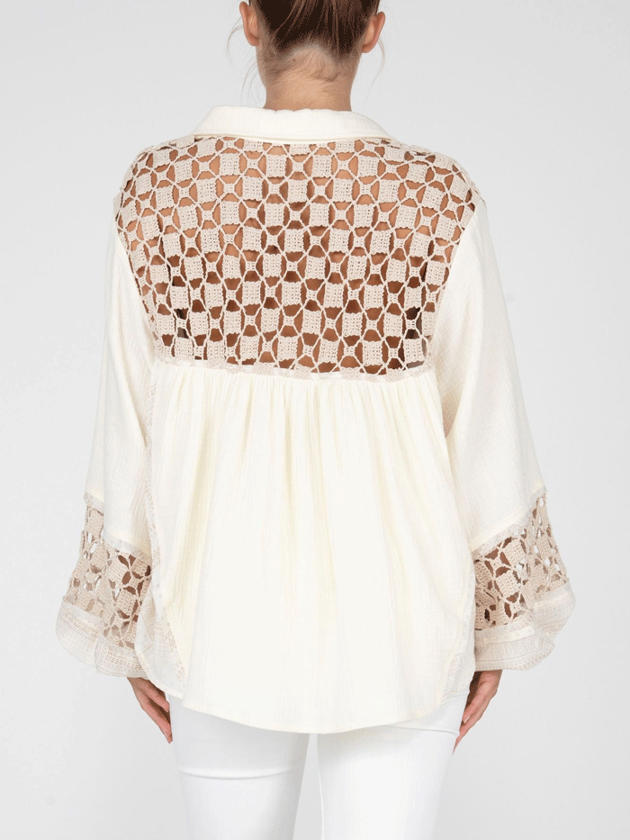 Miss Me MT2861L Women's Button Up Printed Blouse Ivory - Stylish Casual & Office Wear for Women