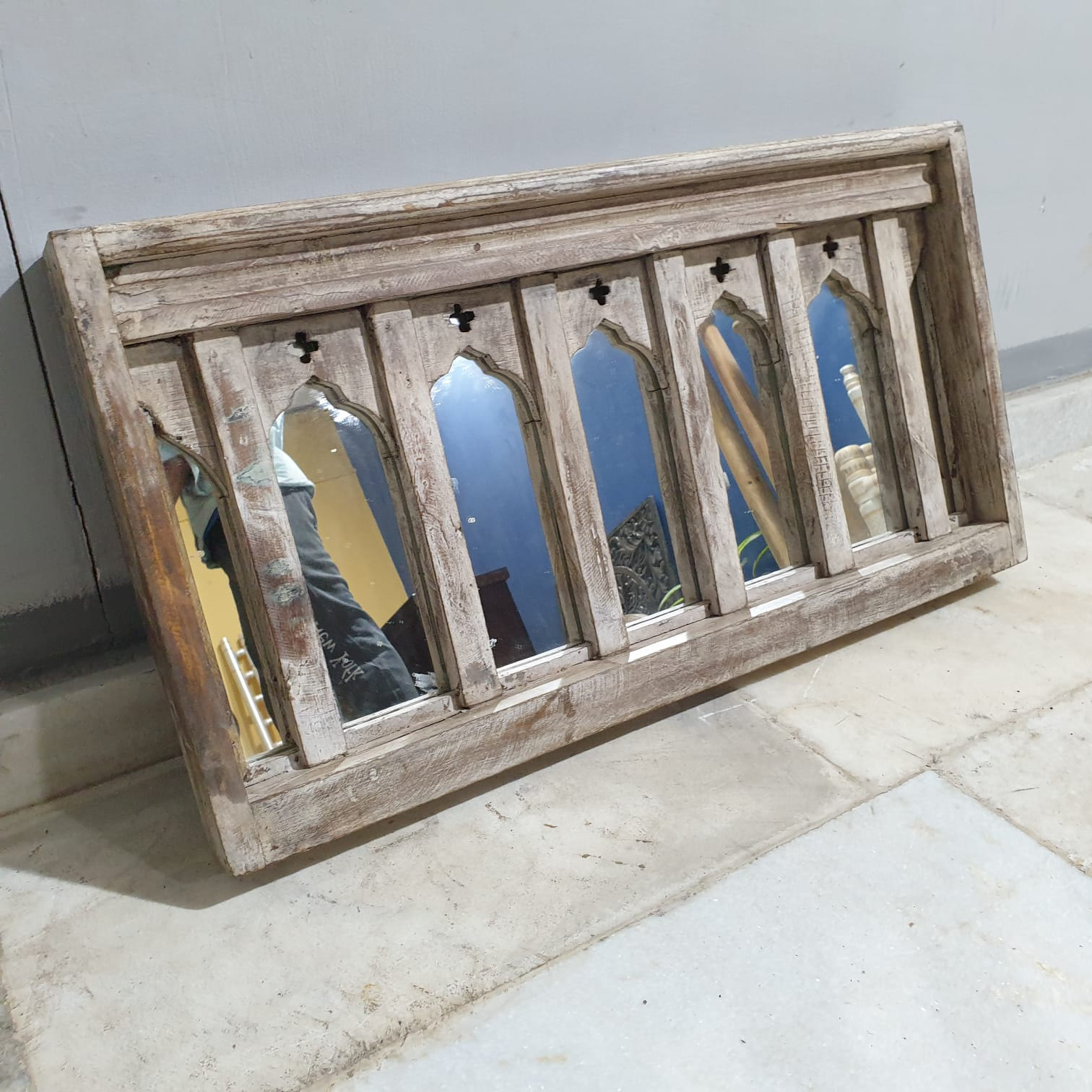 Hand Carved Antique Indian Solid Wood Mirror Frame - Natural Wooden Wall Decor - 27.5