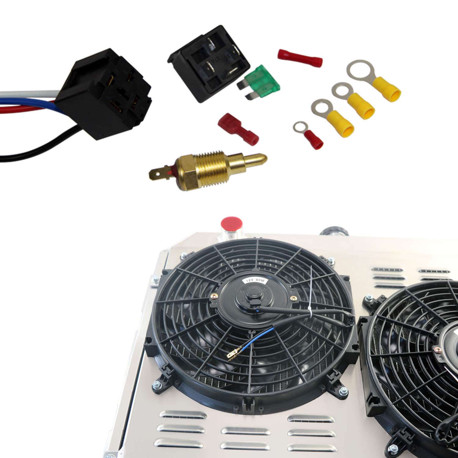 1970-1974 Dodge Challenger Mopar Small Block V8 Aluminum Radiator - 3 Row All-Aluminum Cooling System with Shroud Fan & Thermostat Relay Kit | Perfect for Classic Car Restoration, Hot Rod Upgrades & High-Performance Cooling Solutions
