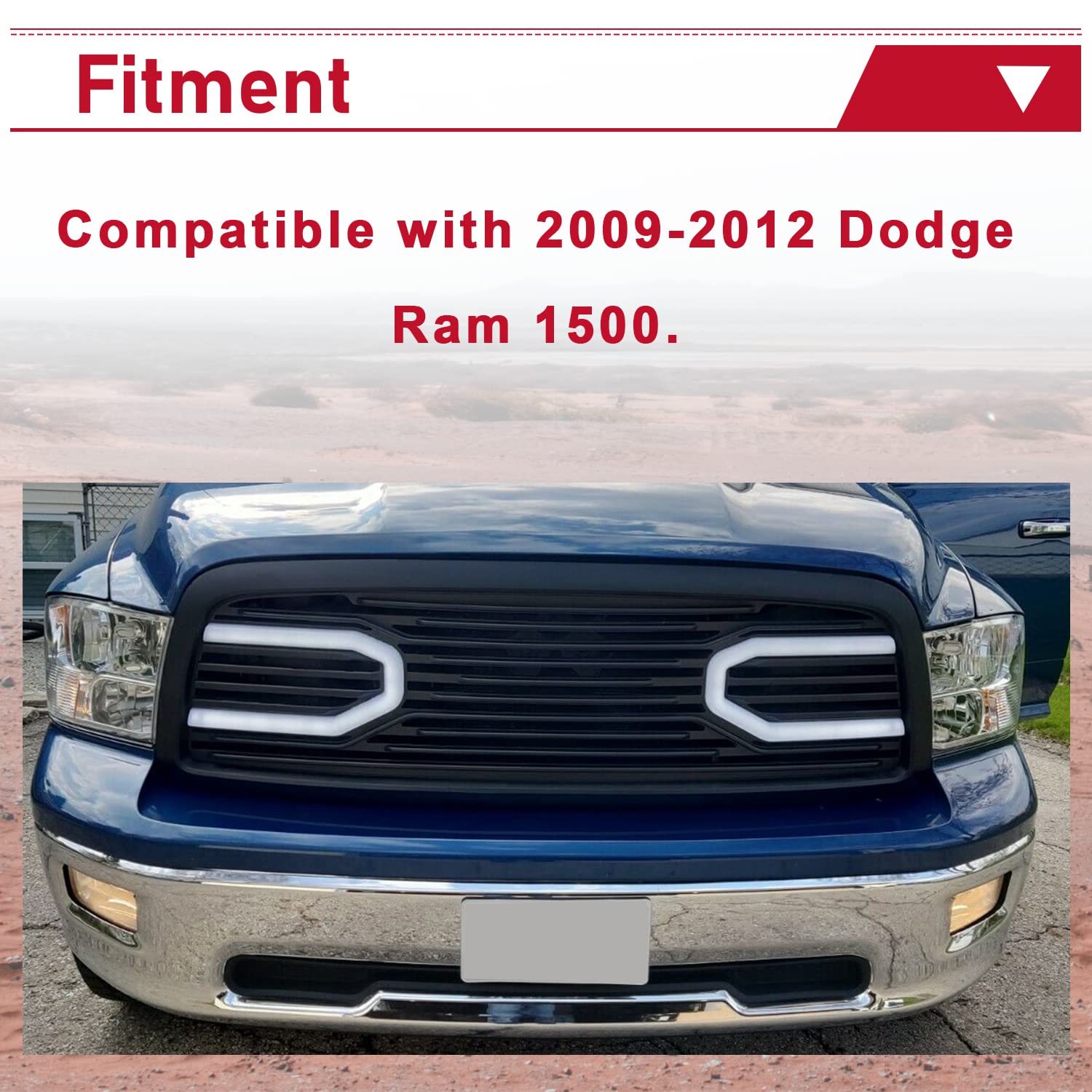HECASA Gloss Black Front Hood Bumper Grille Replacement Shell with Lights - Compatible with 2009-2012 Dodge Ram 1500 | Perfect for Off-Roading & Truck Customization