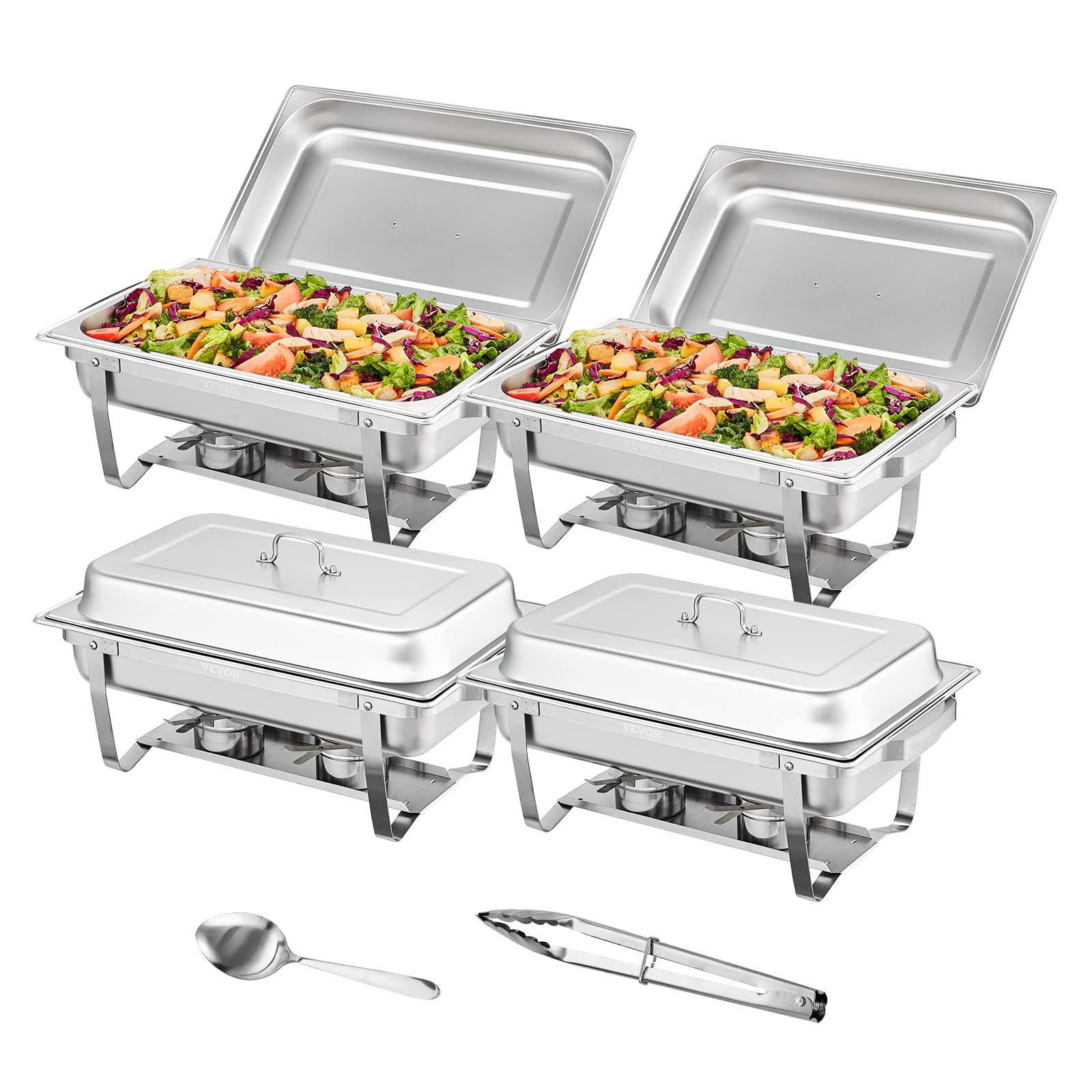 VEVOR 8 Qt Stainless Steel Chafing Dish Buffet Set - 4 Pack with Full Size Pans, Lid, Water Pan & Folding Stand - Catering Warmer for Parties, Weddings, Buffets & Events - Serves 8+ People