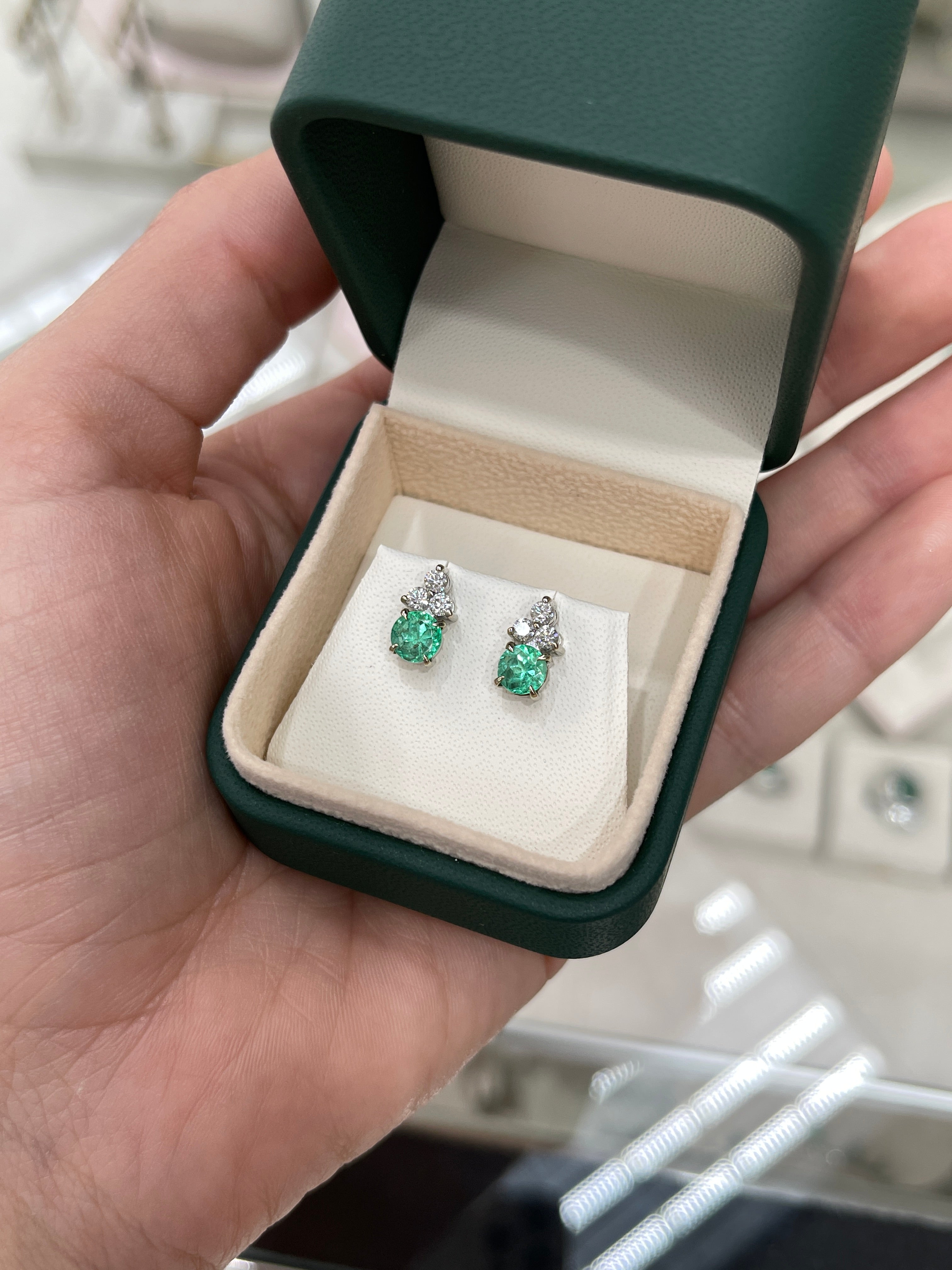 14K White Gold Colombian Emerald & Diamond Trio Stud Earrings | Natural Green Gemstone Jewelry for Women | Perfect for Weddings, Anniversaries & Special Occasions