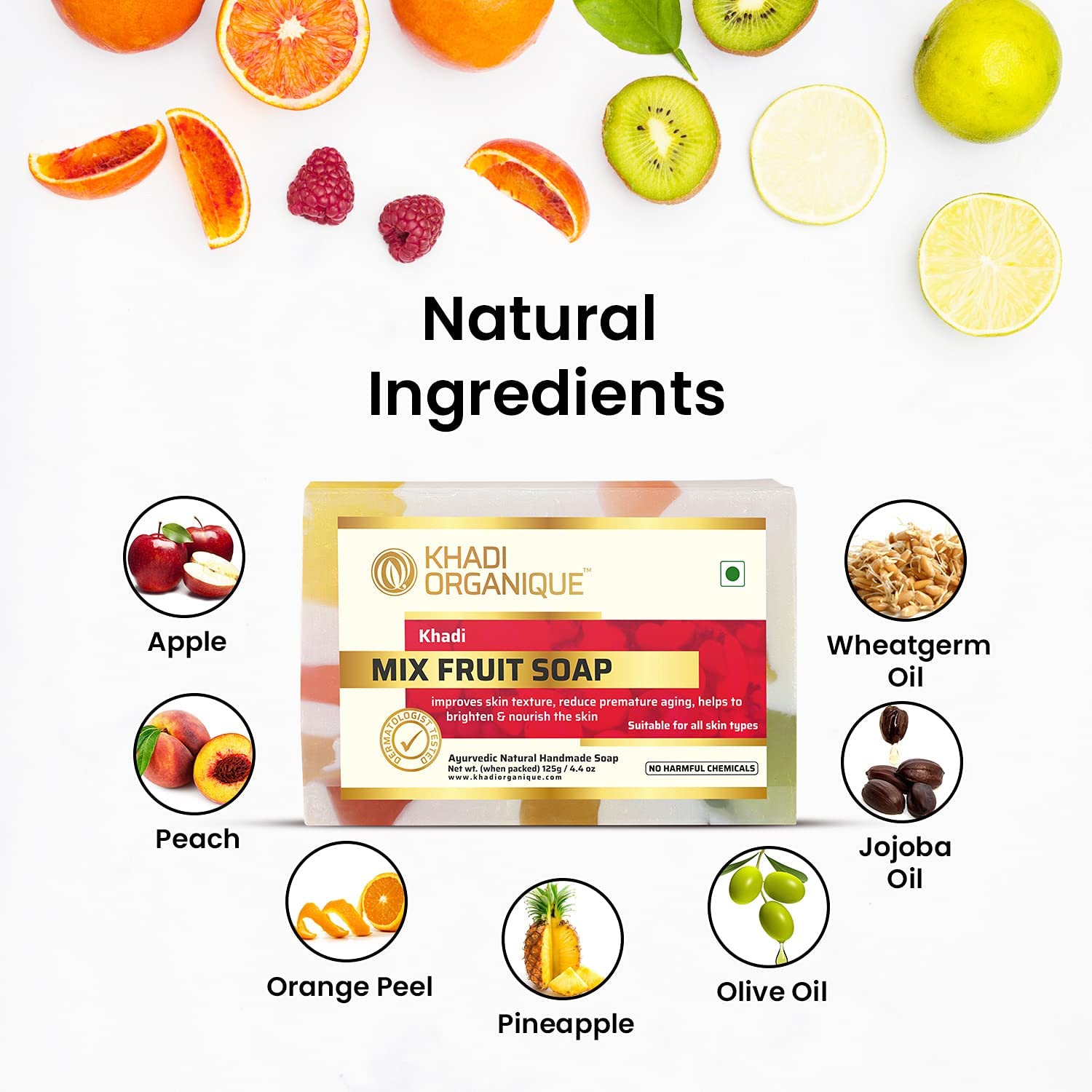 KHADI ORGANIQUE Mix Fruit Soap - 125g (Pack of 2) | Natural Handmade Soap with Fruit Extracts for Soft & Glowing Skin | Perfect for Daily Face & Body Cleansing, Gift Sets