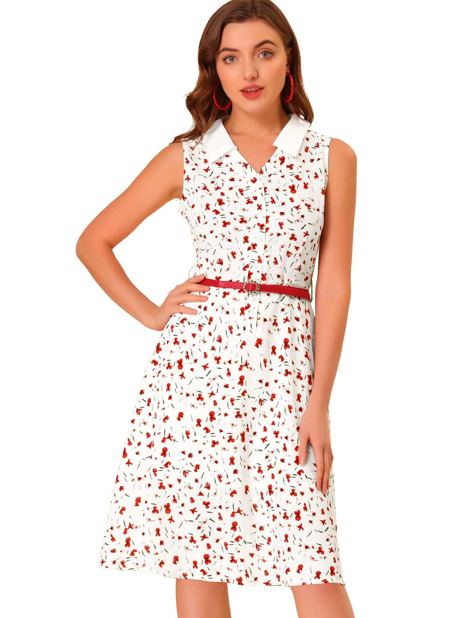 Allegra K Women's Floral Sleeveless Collar Shirt Dress with Belt - Retro Half Placket Summer Dress for Casual Wear, Office & Special Occasions