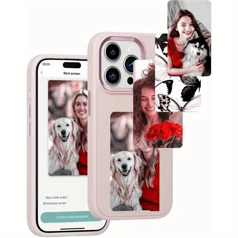 HD 1080P E Ink Screen Smartphone Case - Wireless NFC Photo Display, DIY Custom Protective Cover with Anti-Drop & Water Resistant Design for iPhone 15 Pro Max (Pink) - Perfect for Digital Art Display, Gift Giving and Daily Protection