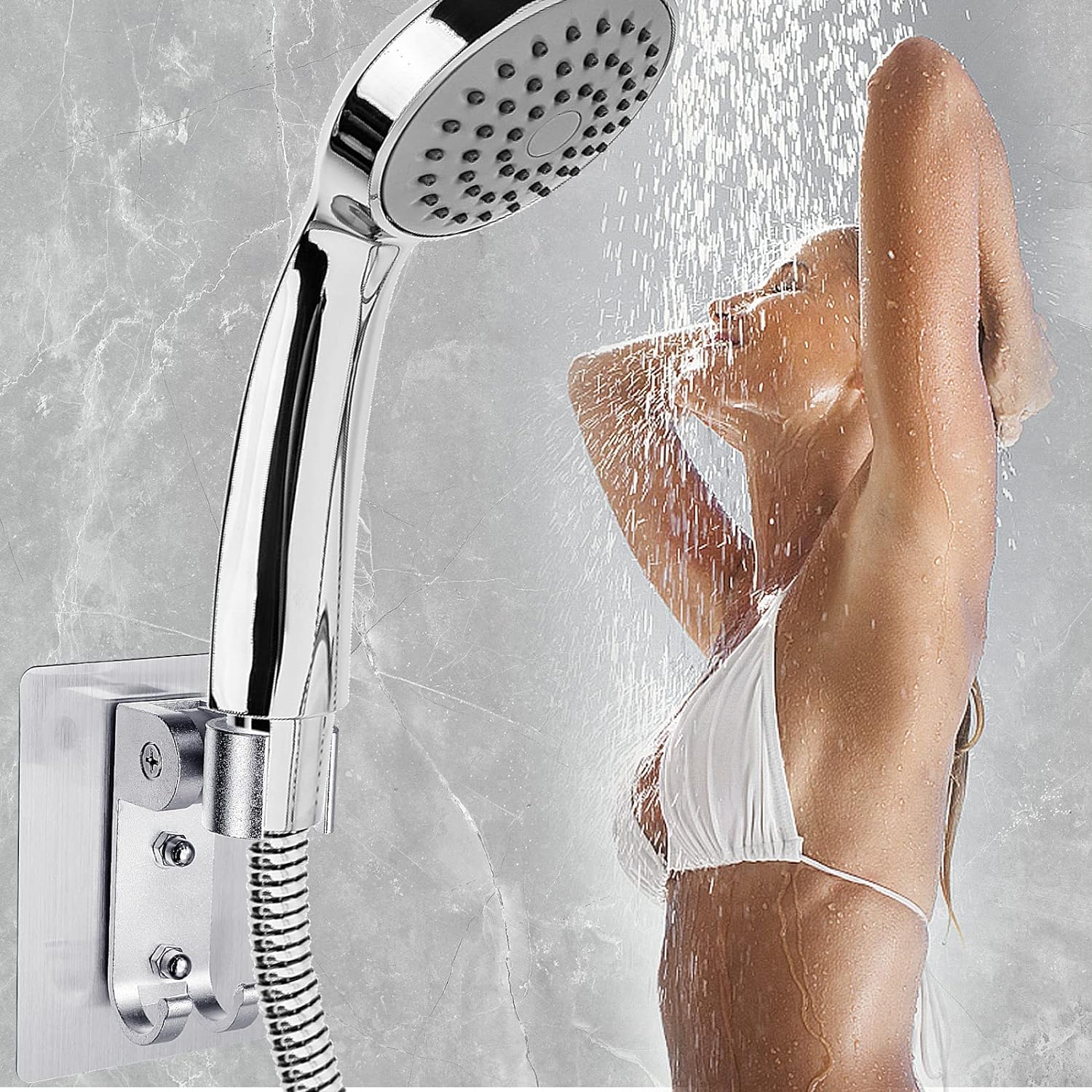 2-Piece Adjustable Shower Head Holder - No Drill Wall Mount with Strong Adhesive, Universal Shower Wand & Hose Bracket for Bathroom, Perfect for Renters & Homeowners