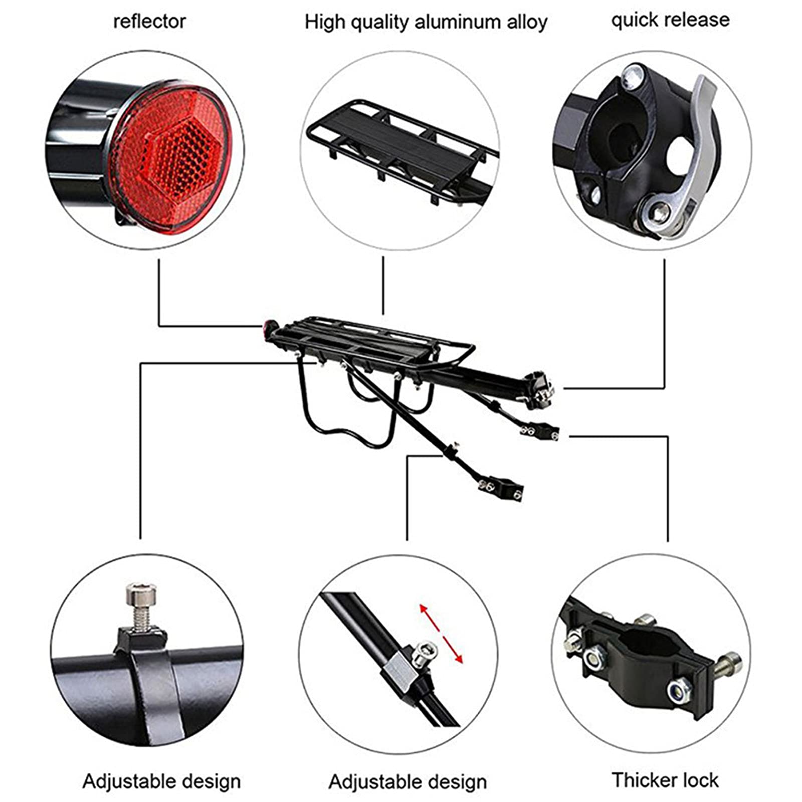 110lbs Capacity Adjustable Aluminum Bike Rear Rack - Quick Release MTB Cargo Carrier with Reflector for Cycling Commuting & Outdoor Adventures