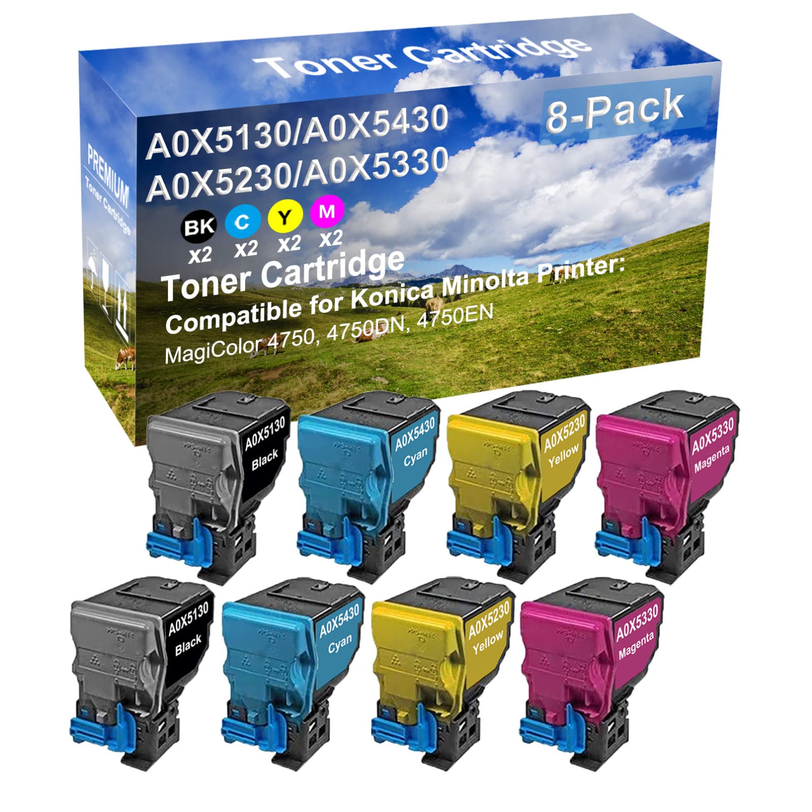 8-Pack (2BK+2C+2Y+2M) High Yield Compatible Toner Cartridge for Konica Minolta MagiColor 4750/4750DN/4750EN - A0X5130/A0X5430/A0X5230/A0X5330 Replacement - Perfect for Office Printing & High Volume Documents