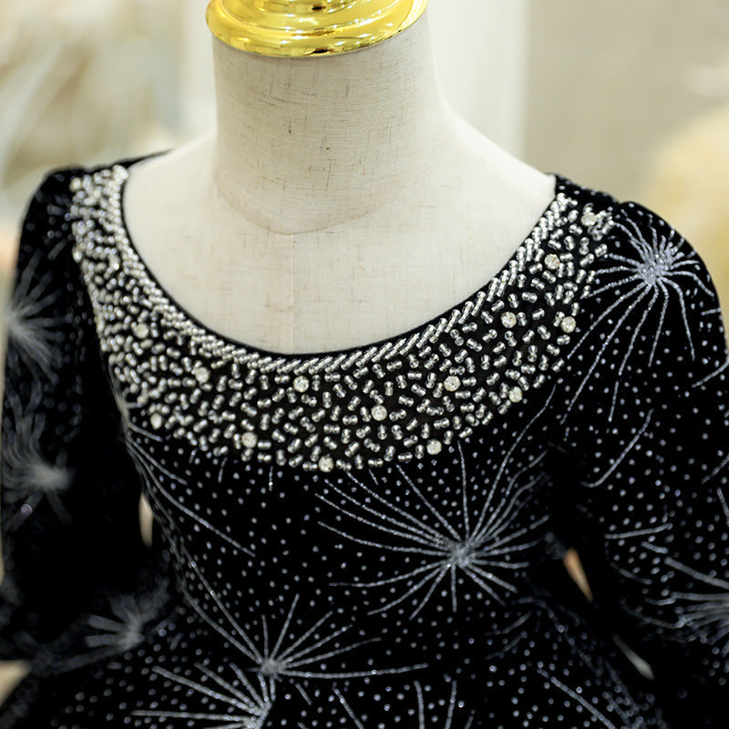 Sparkly Black Sequined Flower Girl Dress with Beaded Lantern Sleeves - Perfect for Weddings, Pageants & Special Occasions