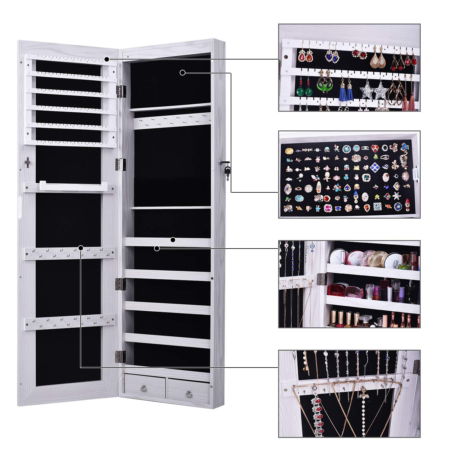 Soges Jewelry Armoire with Full-Length Mirror & LED Lights - Lockable Wall-Mounted Jewelry Cabinet Organizer with 2 Drawers, White - Perfect for Bedroom Closet, Dressing Room & Vanity Organization