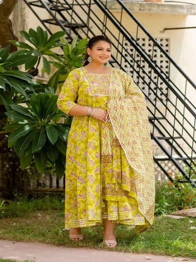 Plus Size Lime Green Embroidered Cotton Anarkali Dupatta Set of 2 for Women | Traditional Indian Kurti Dress for Festivals & Weddings | Elegant Ethnic Outfit for Parties & Special Occasions