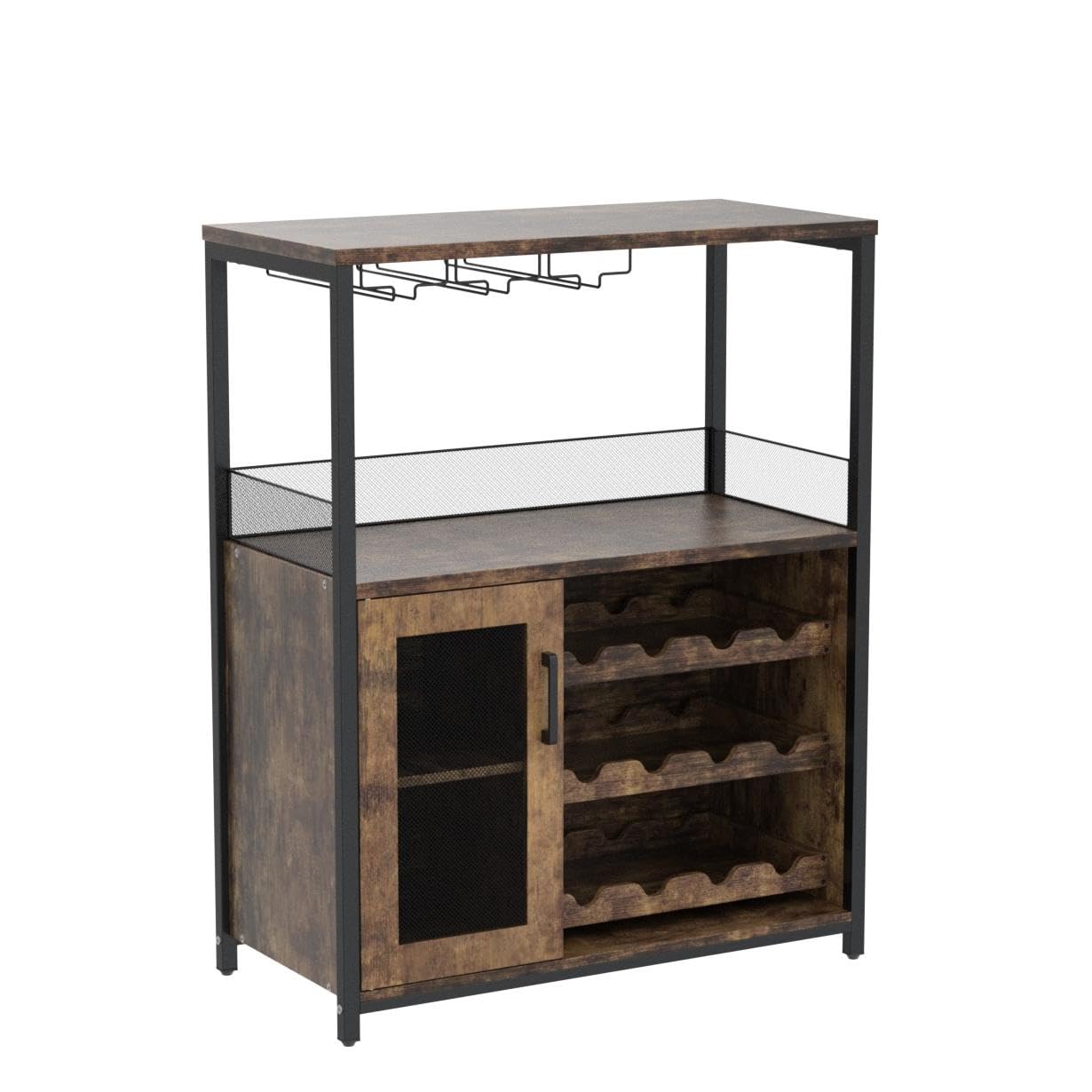 Rustic Brown Wine Bar Cabinet with Detachable Wine Rack & Glass Holder - Small Sideboard Buffet Cabinet with Mesh Door for Dining Room, Kitchen or Home Bar Decor