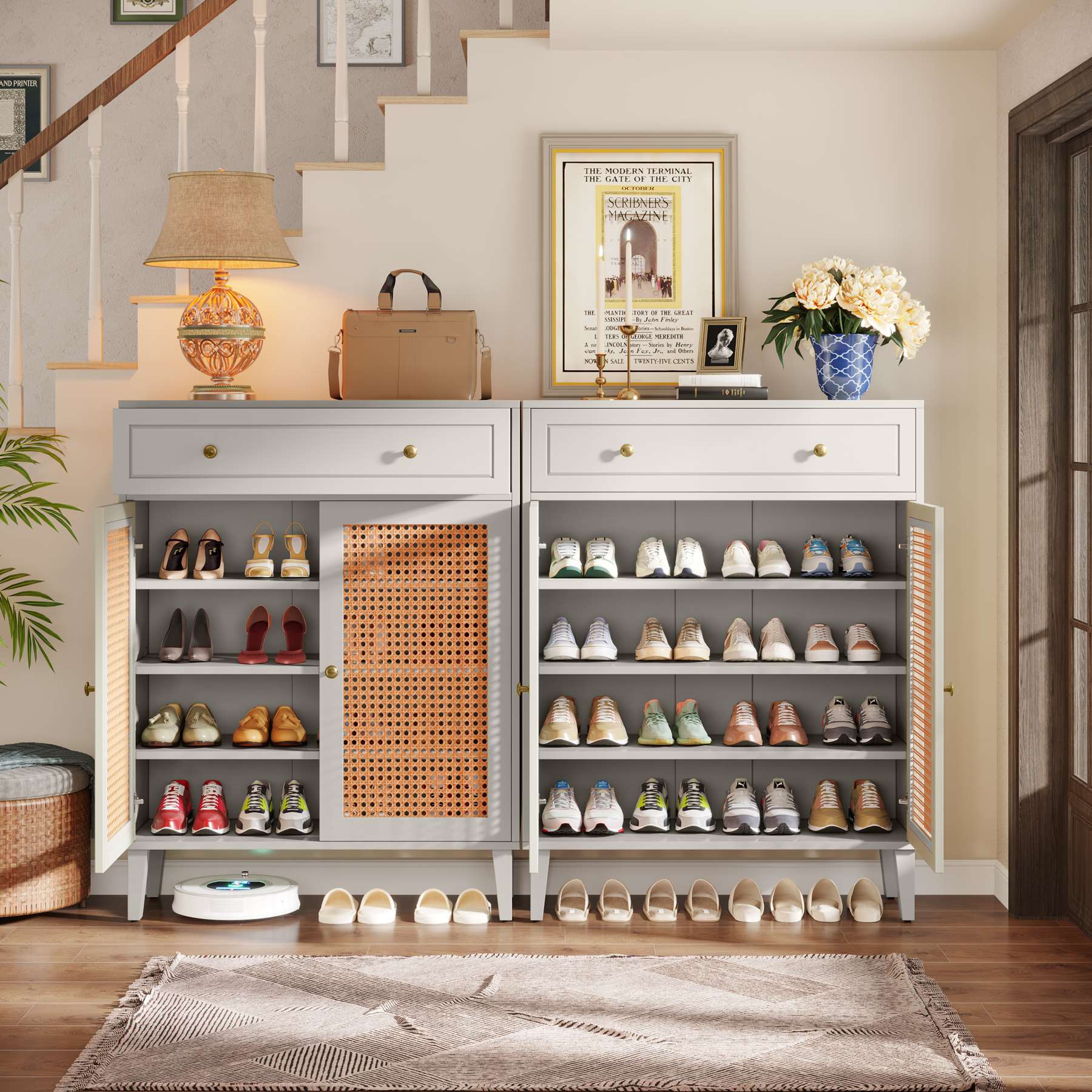 Solid Wood Shoe Cabinet with Rattan Doors & Drawer - Modern Entryway Shoe Storage Organizer for Hallway, Closet, or Mudroom Organization