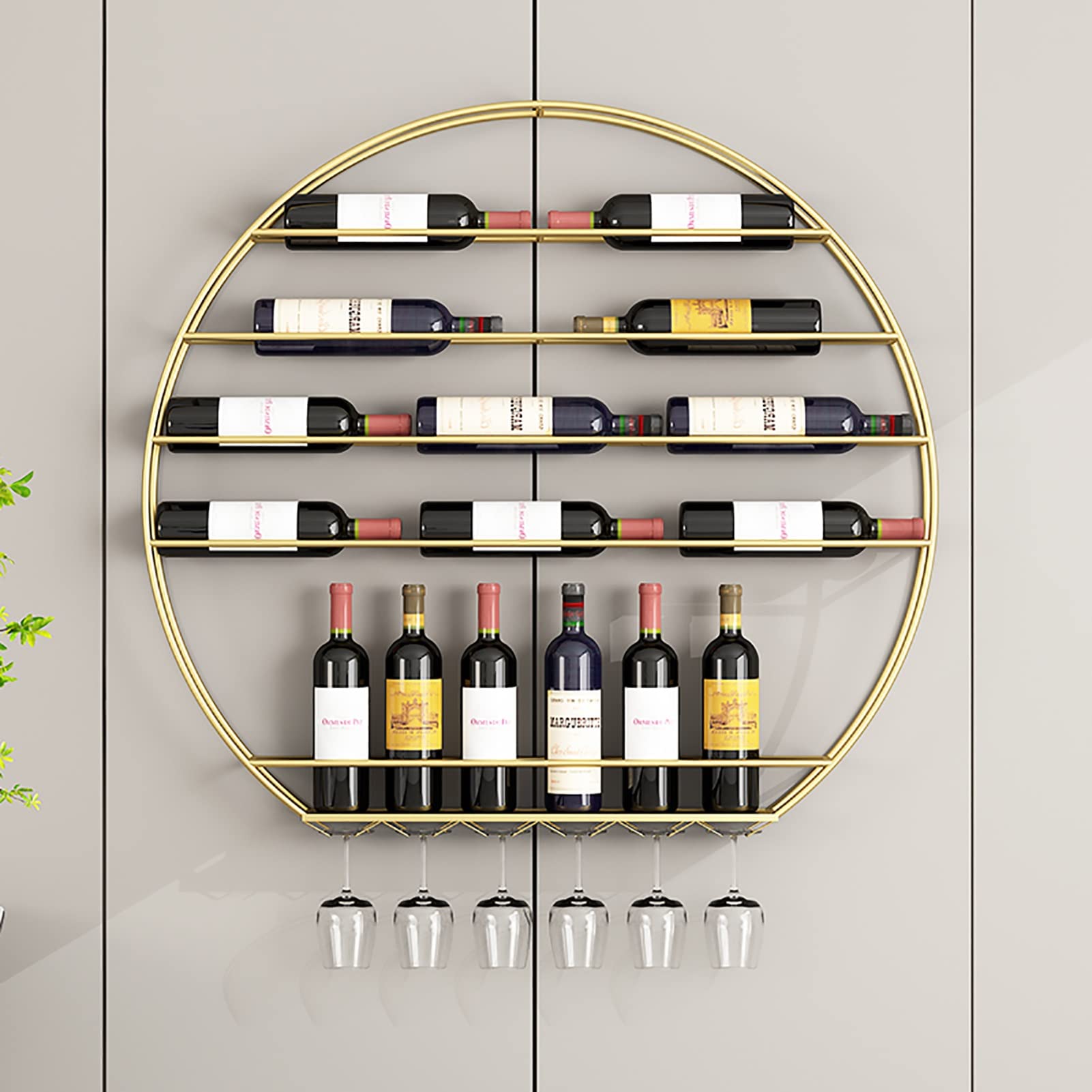 Premium Wall Mounted Round Wine Rack - 75cmX80cm Metal Wine Bottle Holder with Goblet Glass Stemware Racks for Kitchen, Bar & Wine Cellar - Elegant Gold Storage Shelf for Home Decor & Entertaining