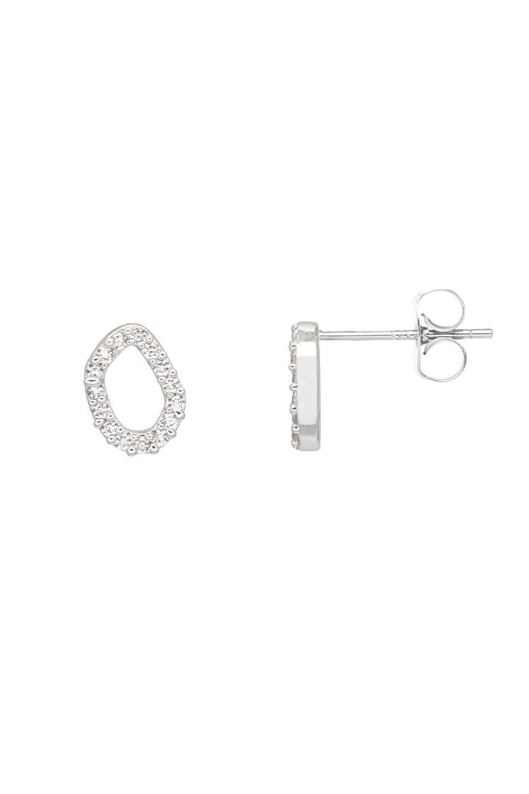Pave Set Organic Circle Stud Earrings - Sterling Silver Minimalist Hoop Earrings for Women, Perfect for Everyday Wear, Office & Date Night
