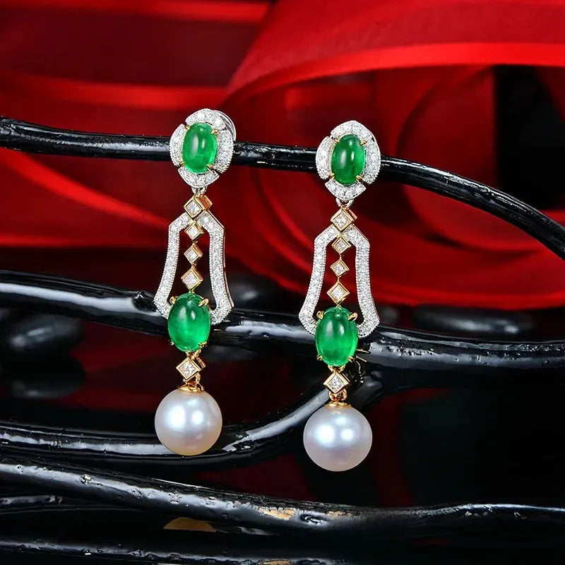 2.31ctw Natural Cabochon Emerald & Diamond 8mm Pearl 18K Multi-Tone Gold Vintage Drop Earrings for Women | Elegant Evening Wear & Special Occasion Jewelry