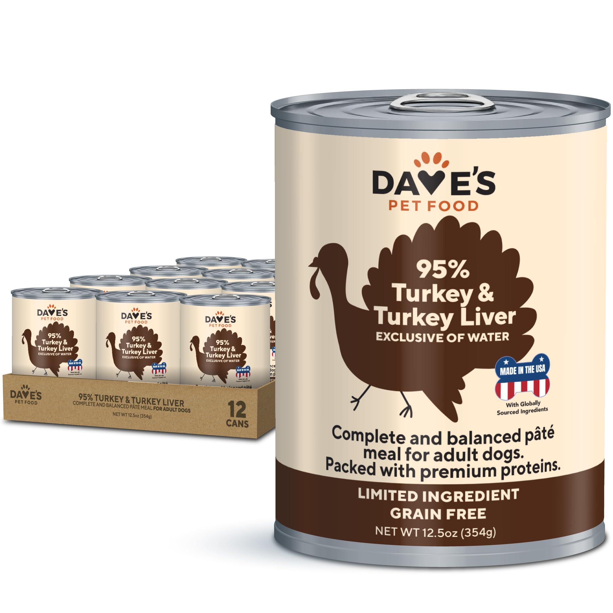 Premium Grain-Free Wet Dog Food - 95% Turkey & Turkey Liver Recipe | Single-Source Protein, Limited Ingredient Formula | Made in USA | 12.5oz Cans (12 Pack) | Ideal for Sensitive Stomachs & Allergy-Prone Dogs | Perfect for Mealtime, Training Treats & Travel Feeding