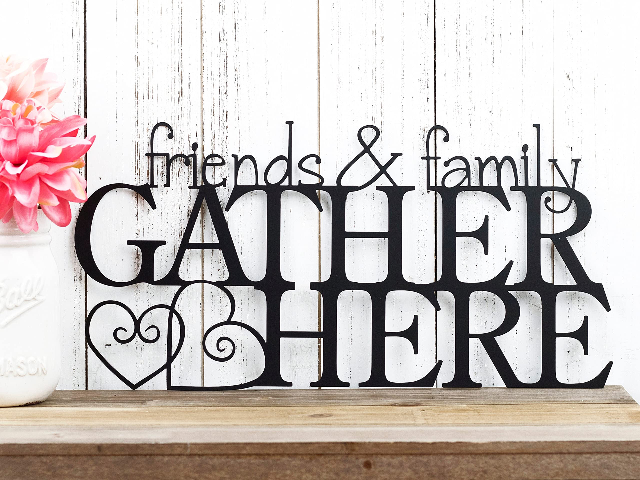 Friends & Family Gather Here Metal Wall Art - Rustic Home Decor Sign for Indoor & Outdoor - Perfect for Patio, Garden, Backyard, Porch, Living Room & Entryway