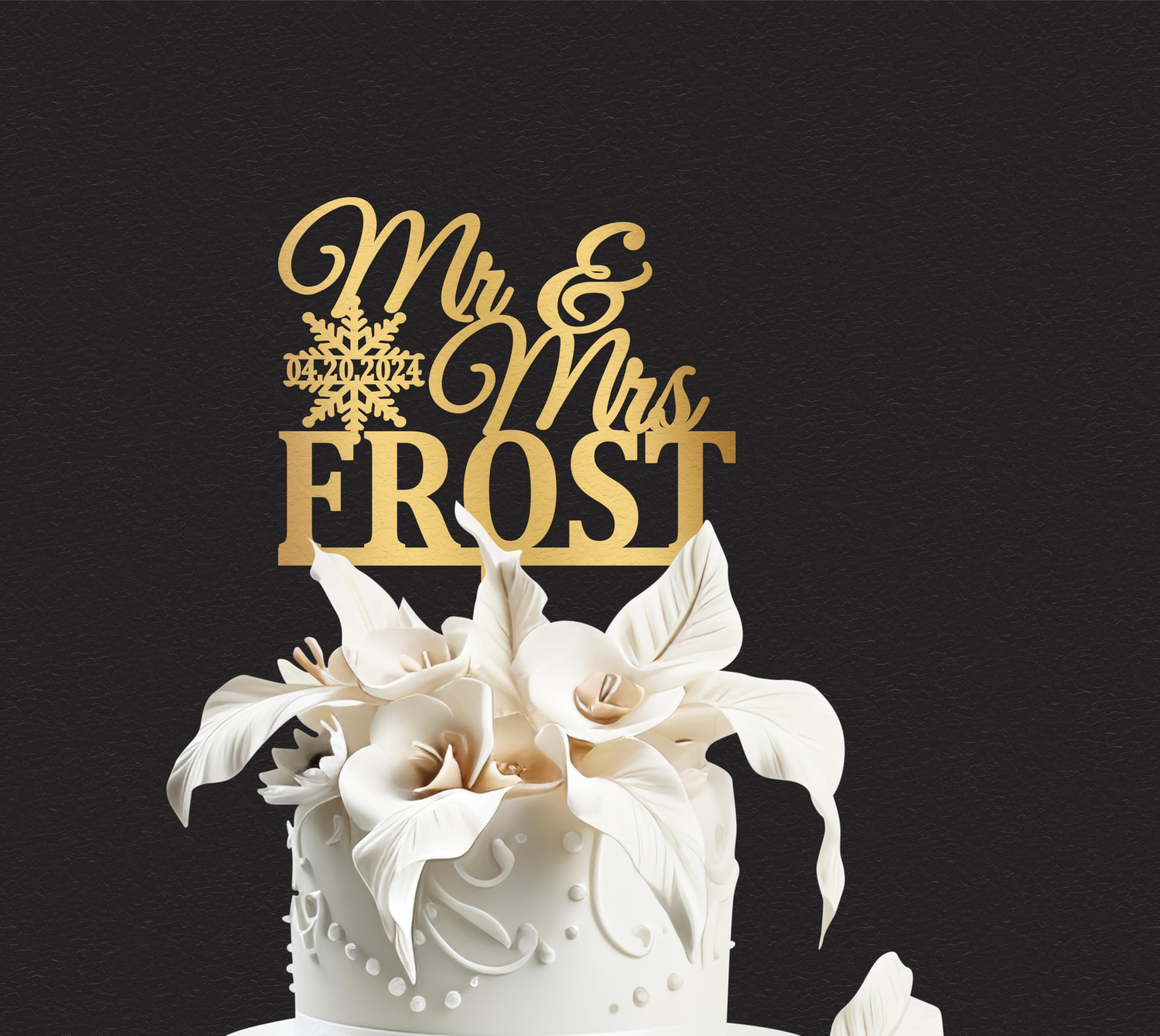 Personalized Winter Wedding Cake Topper - Snowflake Mr & Mrs Cake Decor with Custom Last Name & Date - Rustic Gold Anniversary Cake Topper for Wedding & Special Celebrations