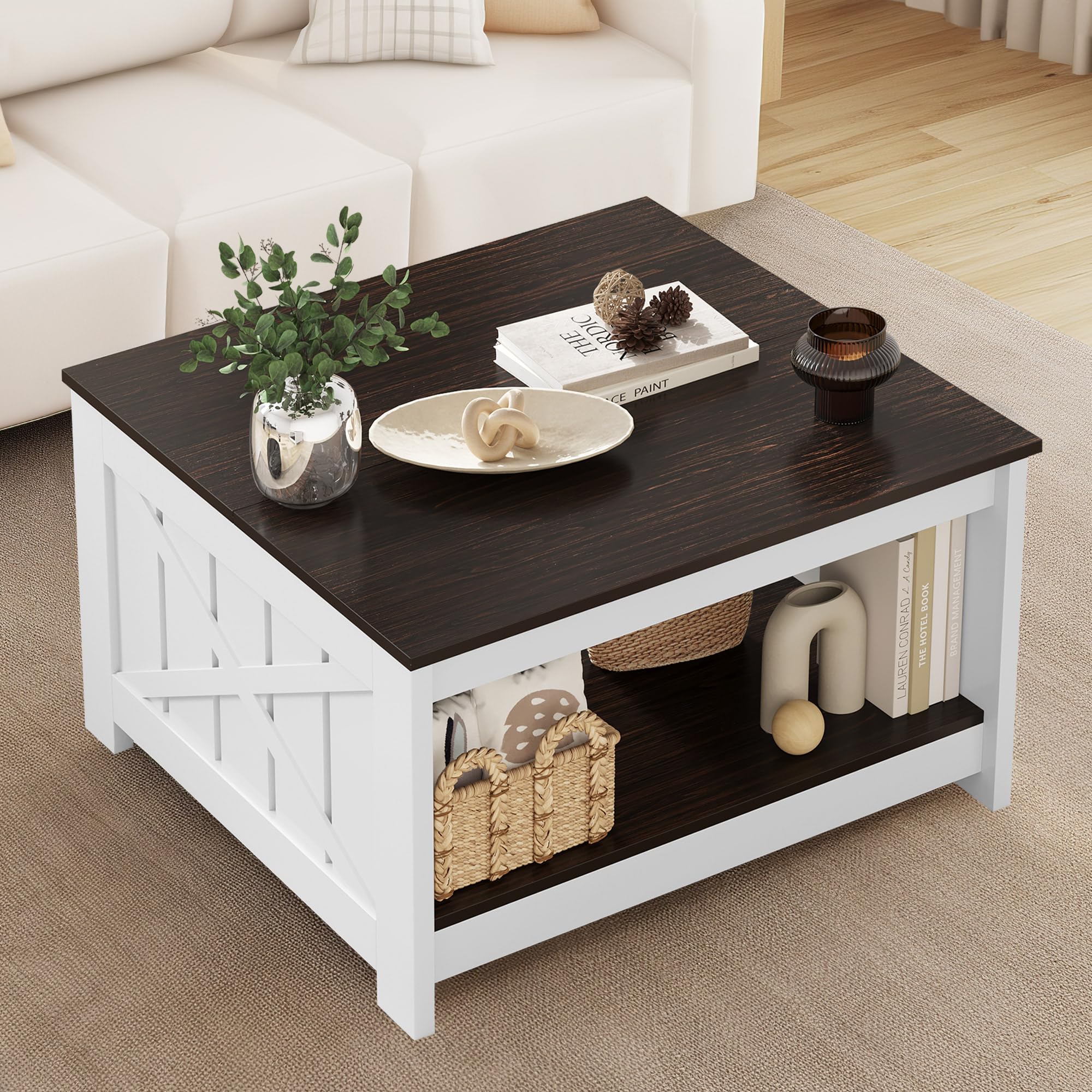 Rustic Farmhouse Coffee Table with Storage - Solid Wood Square Cocktail Table for Living Room & Meeting Room, Half Open Storage Compartment, Deep Brown - Perfect for Home Decor & Small Space Organization