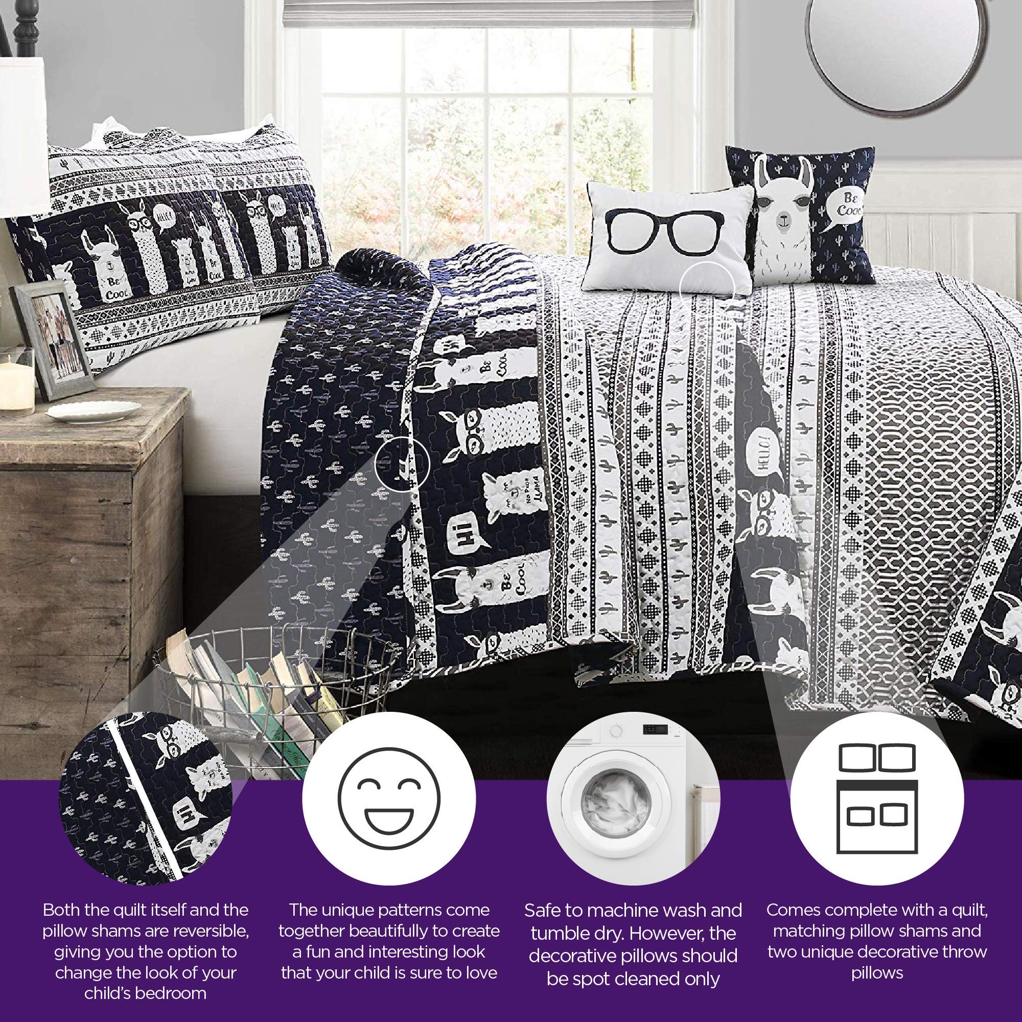 Lush Decor Navy Llama Quilt Set - Full/Queen for Cozy Bedroom